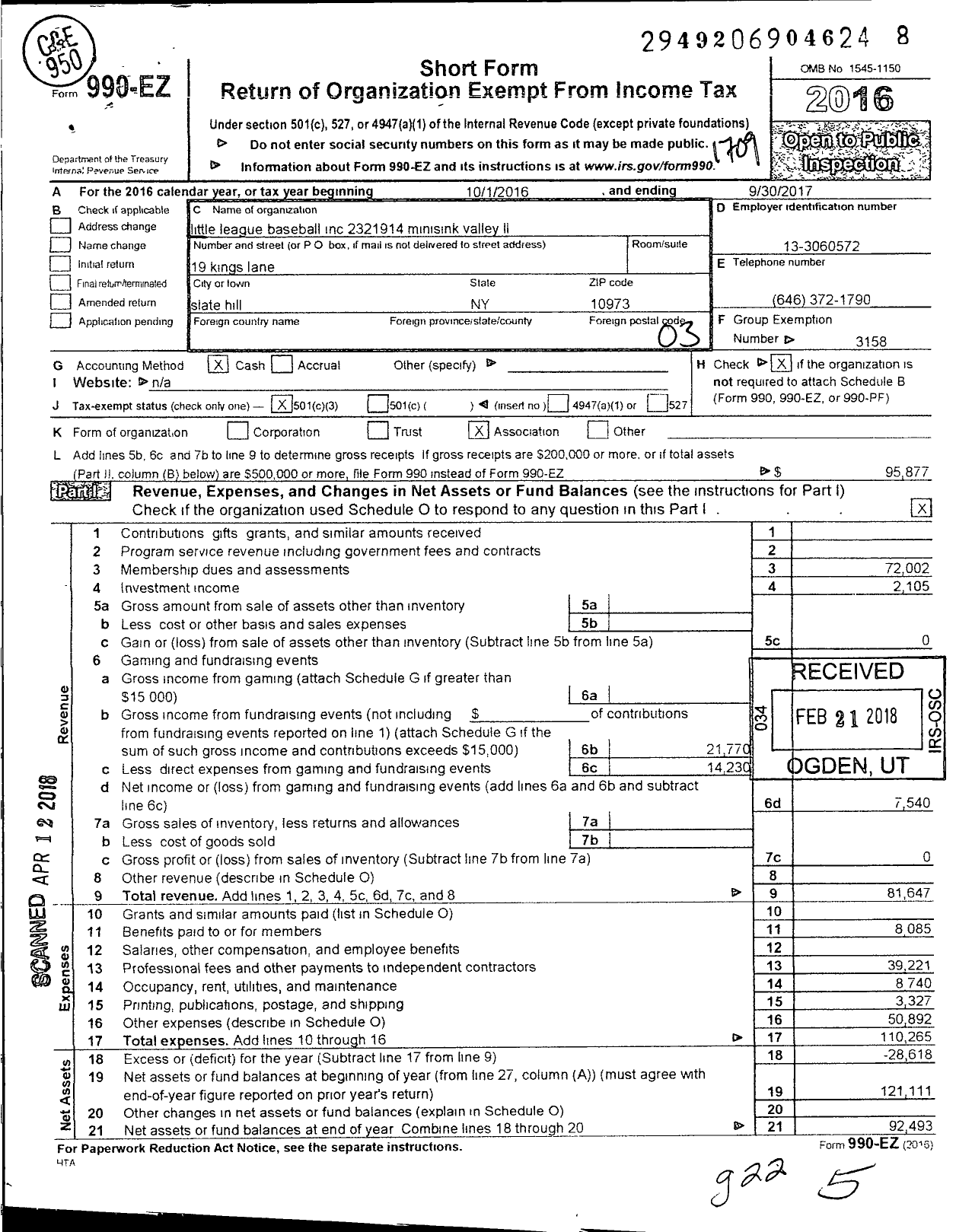 Image of first page of 2016 Form 990EZ for Little League Baseball - 2321914 Minisink Valley LL