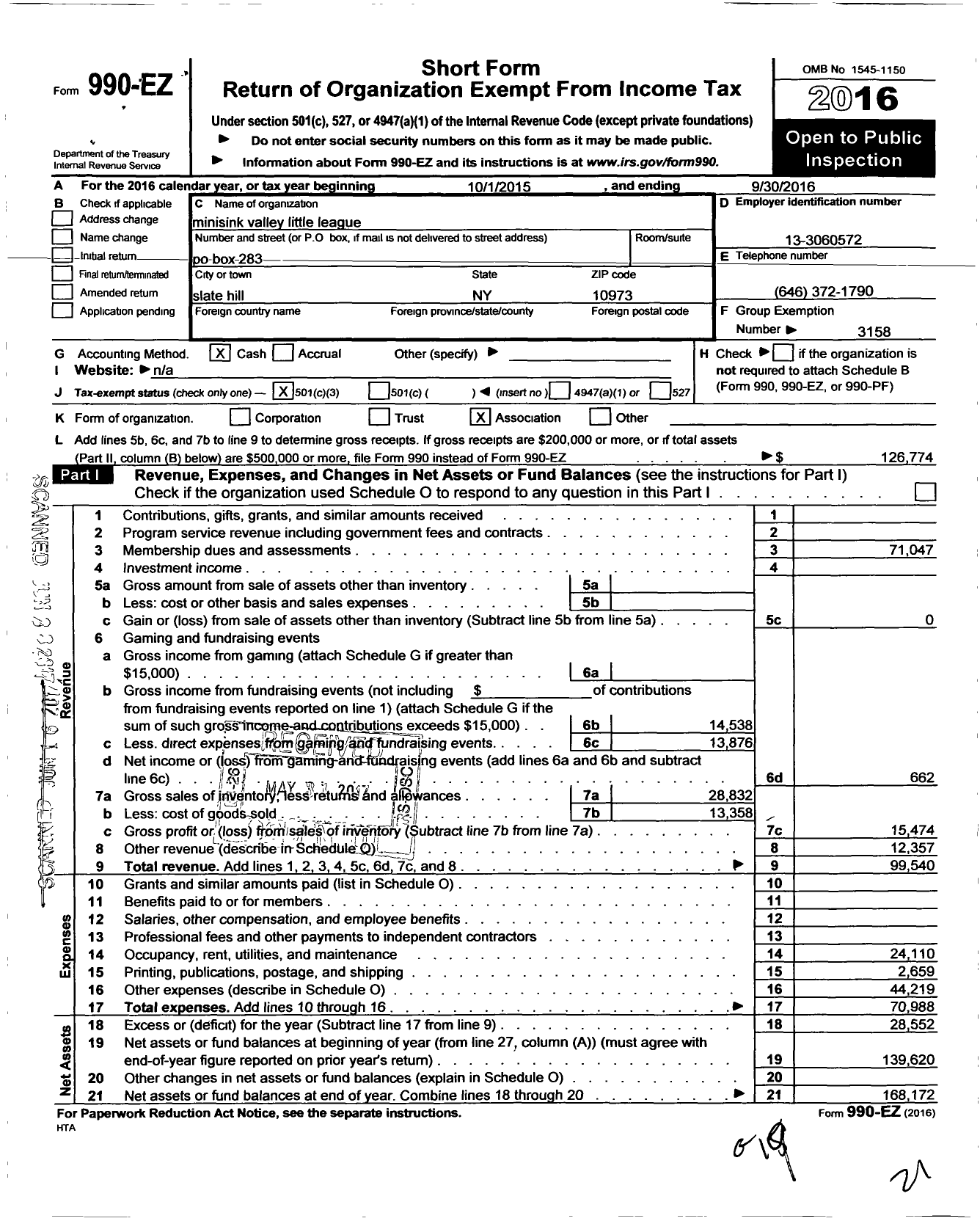 Image of first page of 2015 Form 990EZ for Little League Baseball - 2321914 Minisink Valley LL