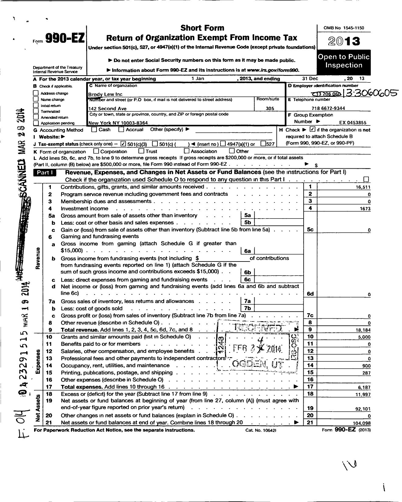 Image of first page of 2013 Form 990EZ for Brody Lew