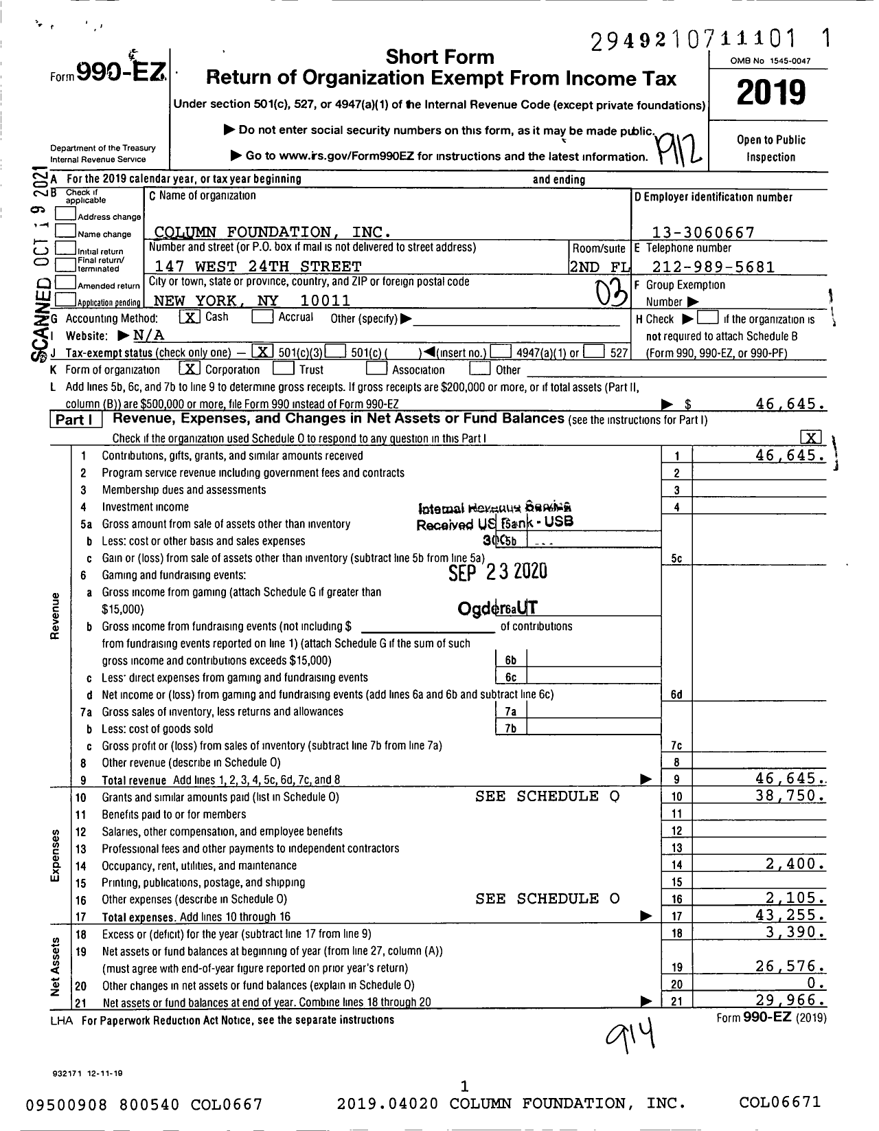 Image of first page of 2019 Form 990EZ for Column Foundation