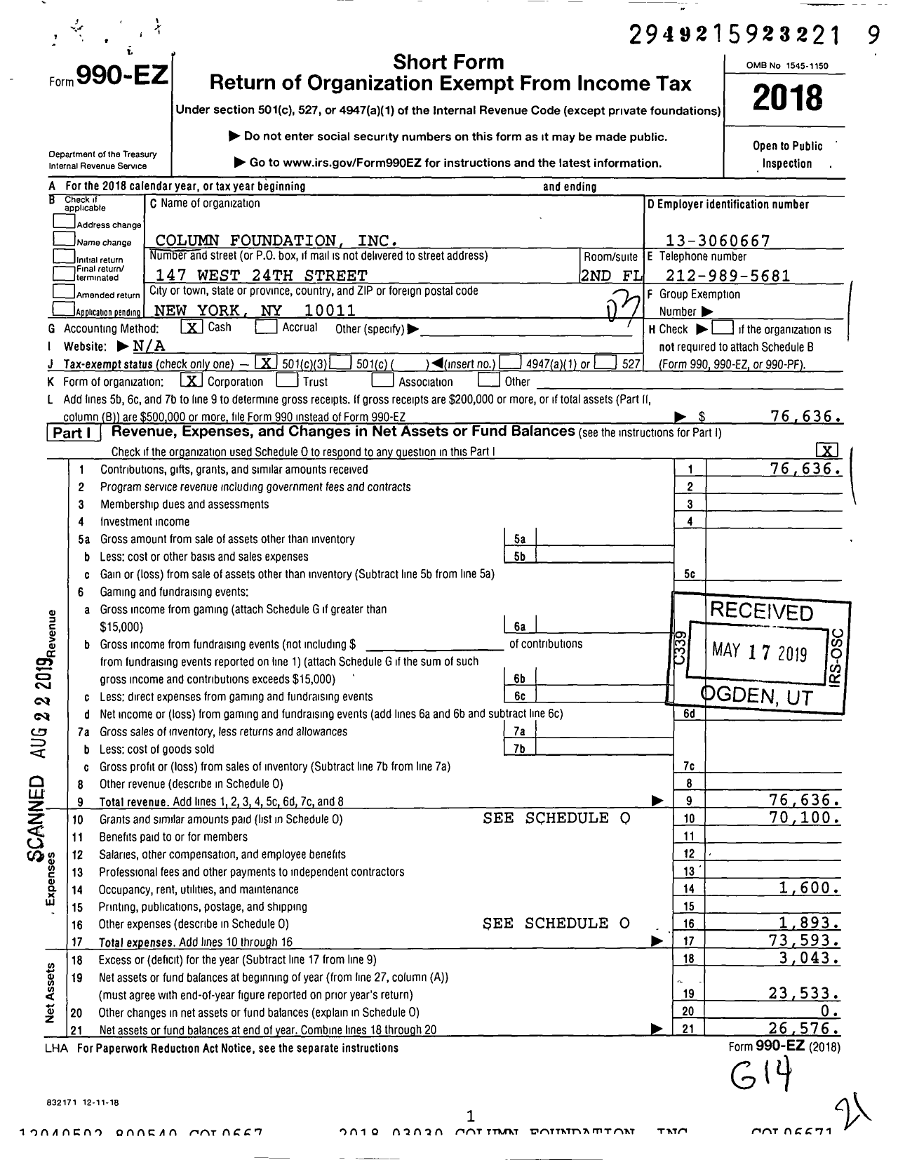 Image of first page of 2018 Form 990EZ for Column Foundation