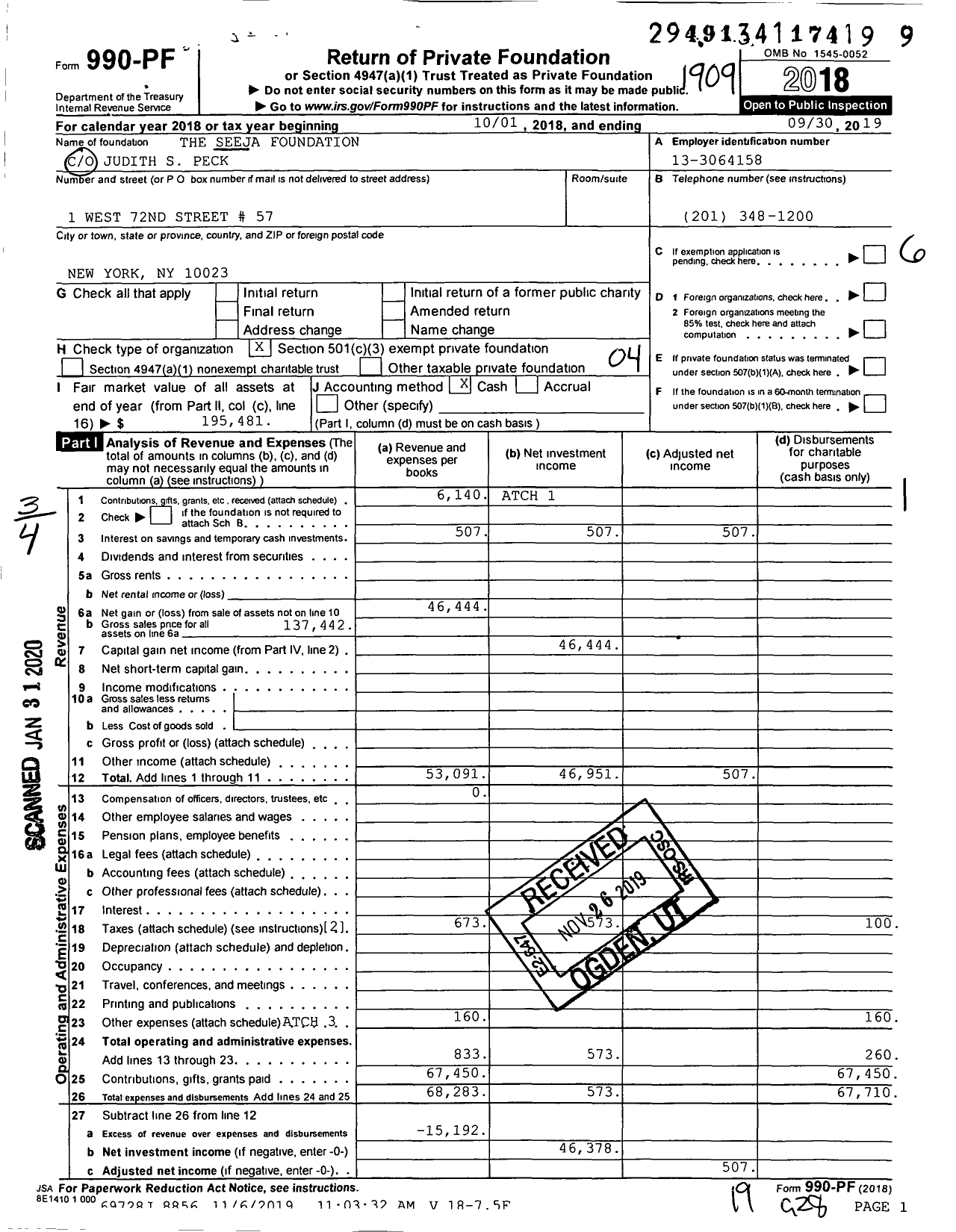 Image of first page of 2018 Form 990PF for The Seeja Foundation
