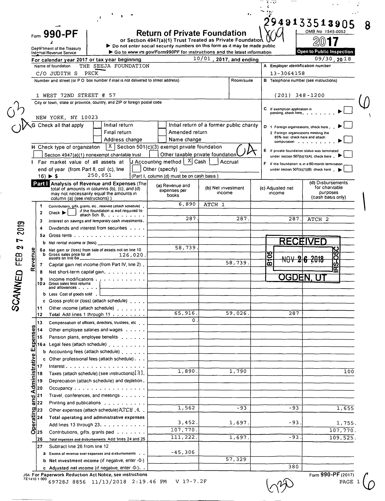 Image of first page of 2017 Form 990PF for The Seeja Foundation