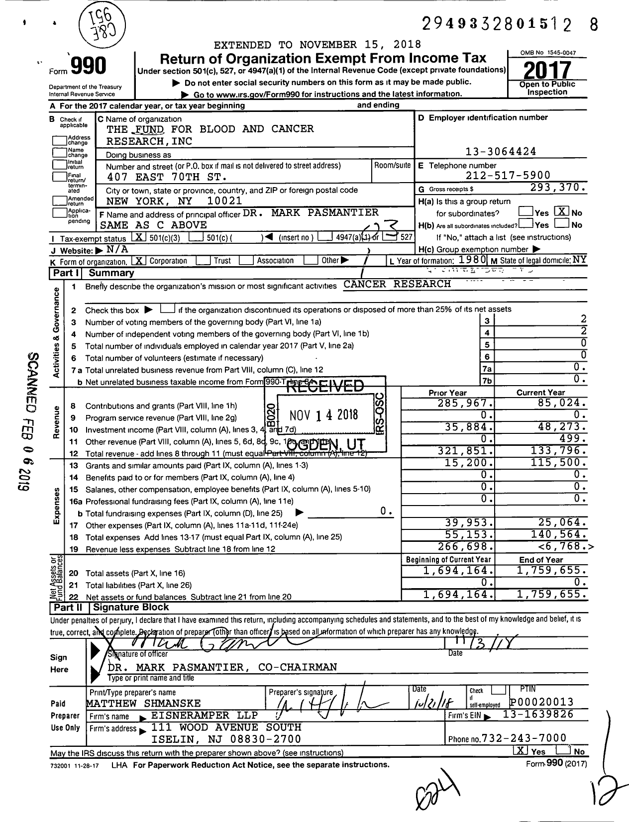 Image of first page of 2017 Form 990 for The Fund for Blood and Cancer Research