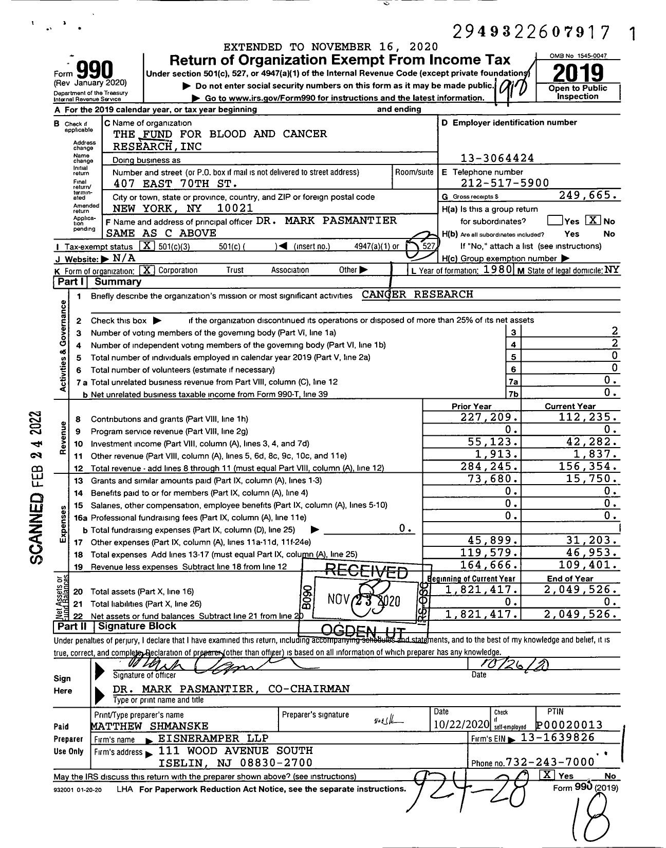 Image of first page of 2019 Form 990 for The Fund for Blood and Cancer Research