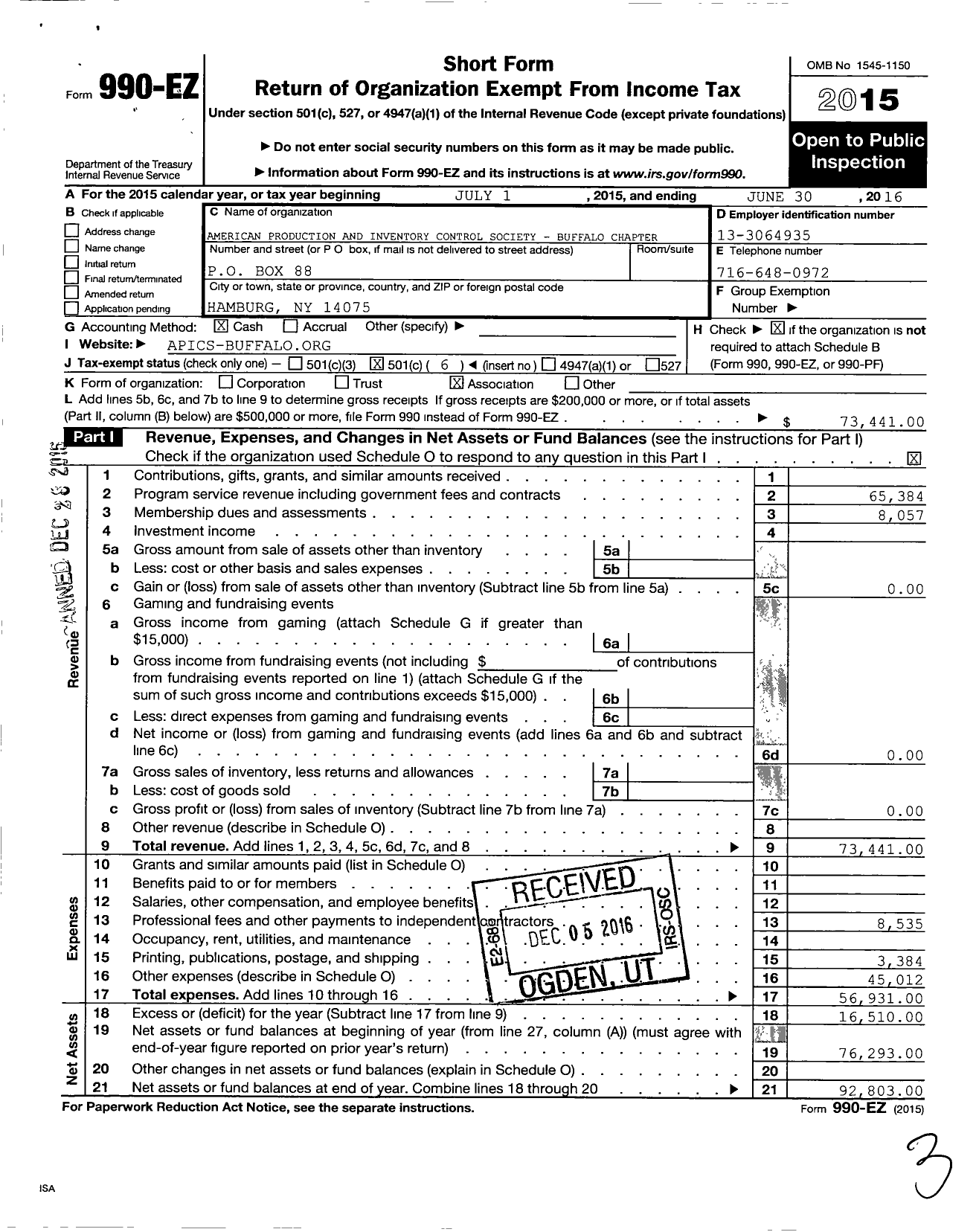 Image of first page of 2015 Form 990EO for Apics Buffalo Chapter