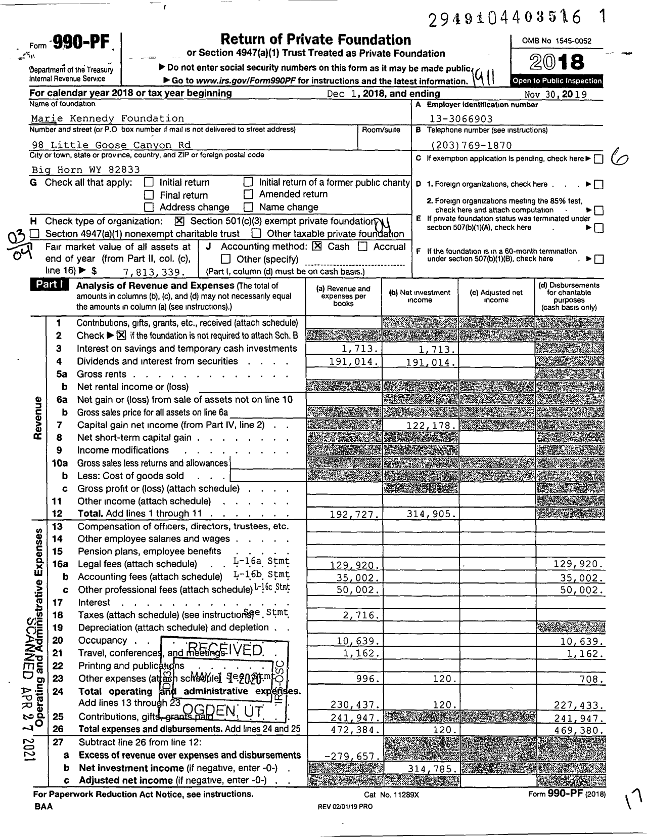 Image of first page of 2018 Form 990PF for Marie Kennedy Foundation Marie Kennedy Foundation