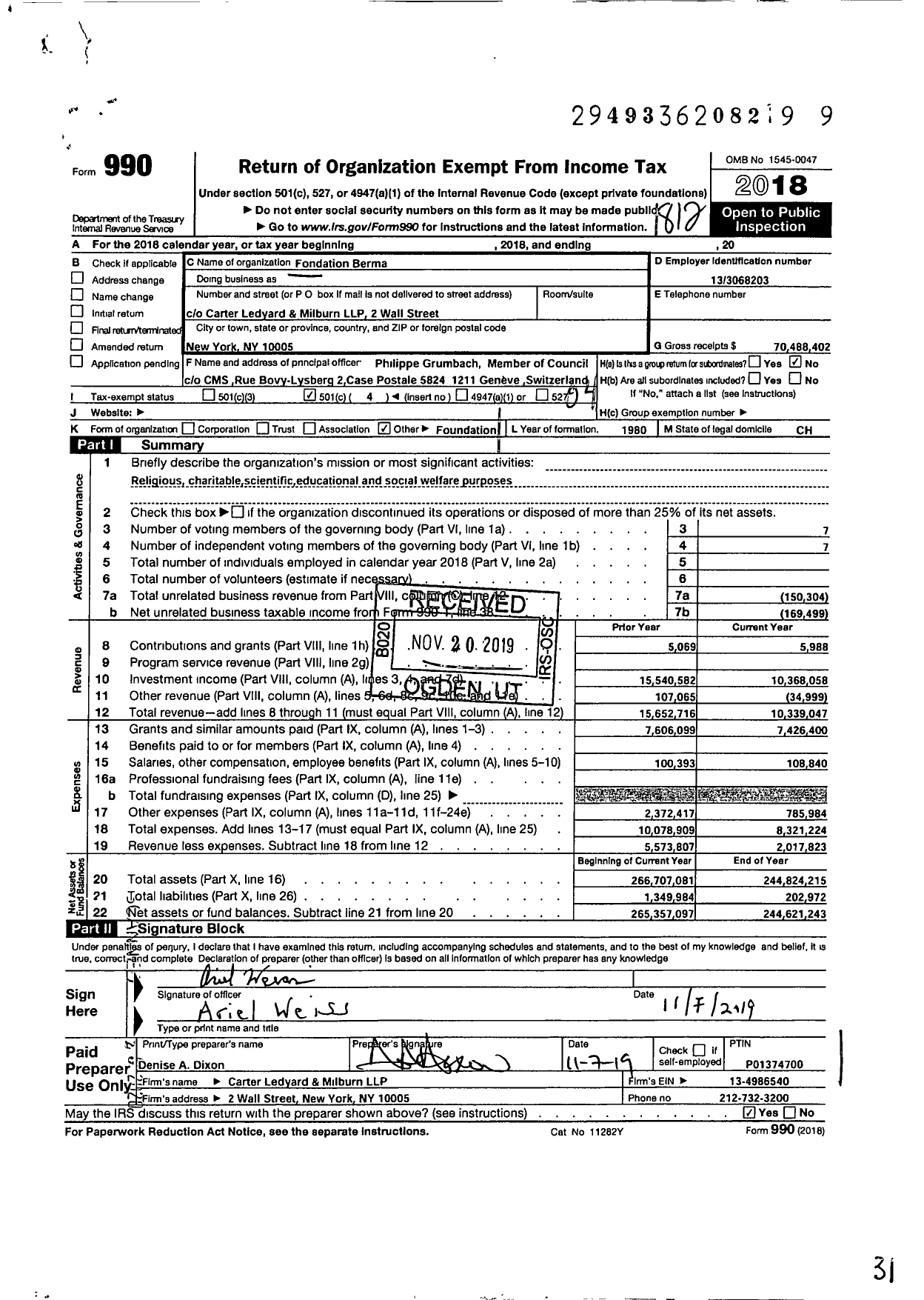 Image of first page of 2018 Form 990O for Fondation Berma
