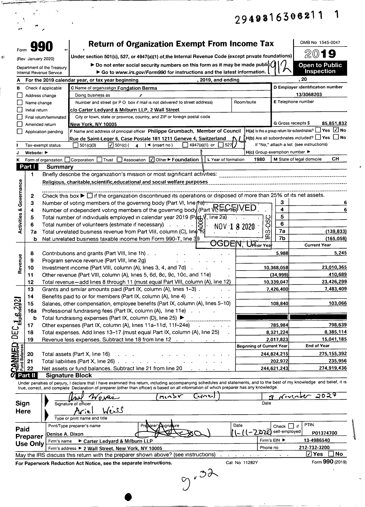 Image of first page of 2019 Form 990O for Fondation Berma