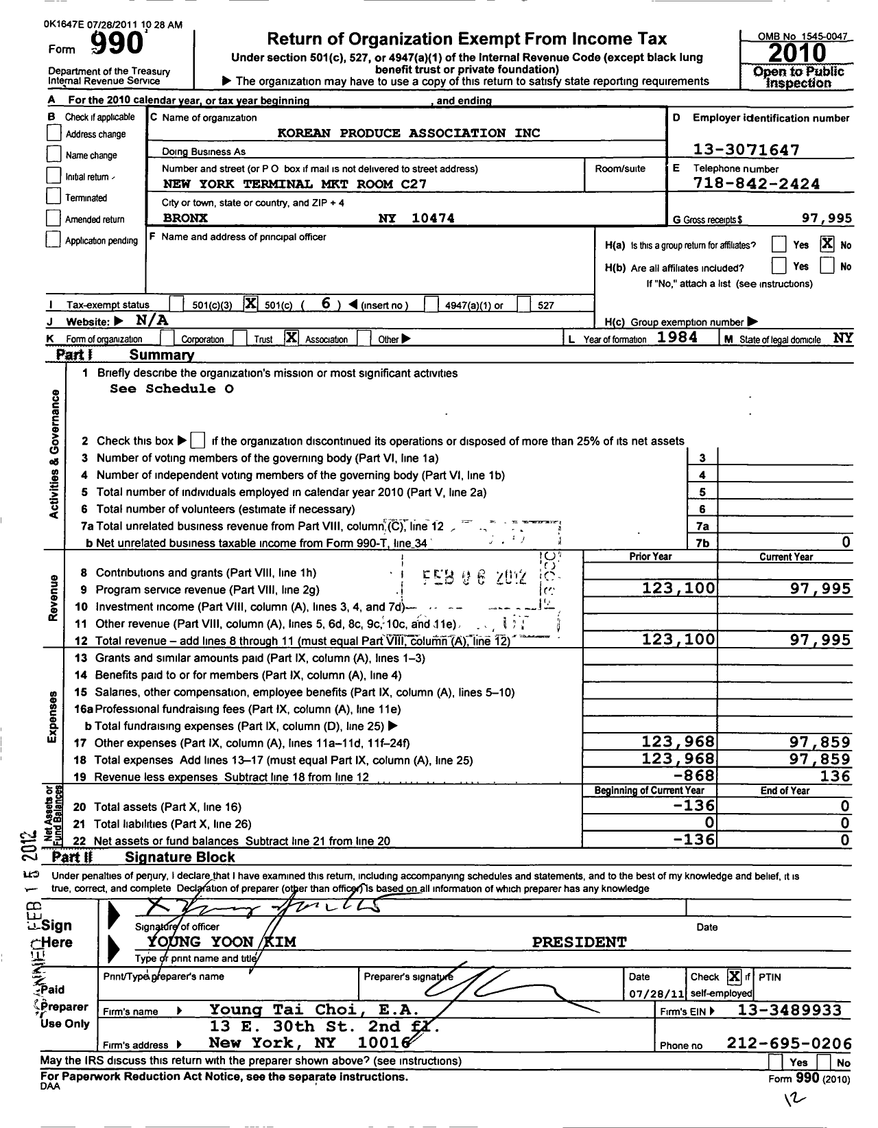 Image of first page of 2010 Form 990O for Korean Produce Association