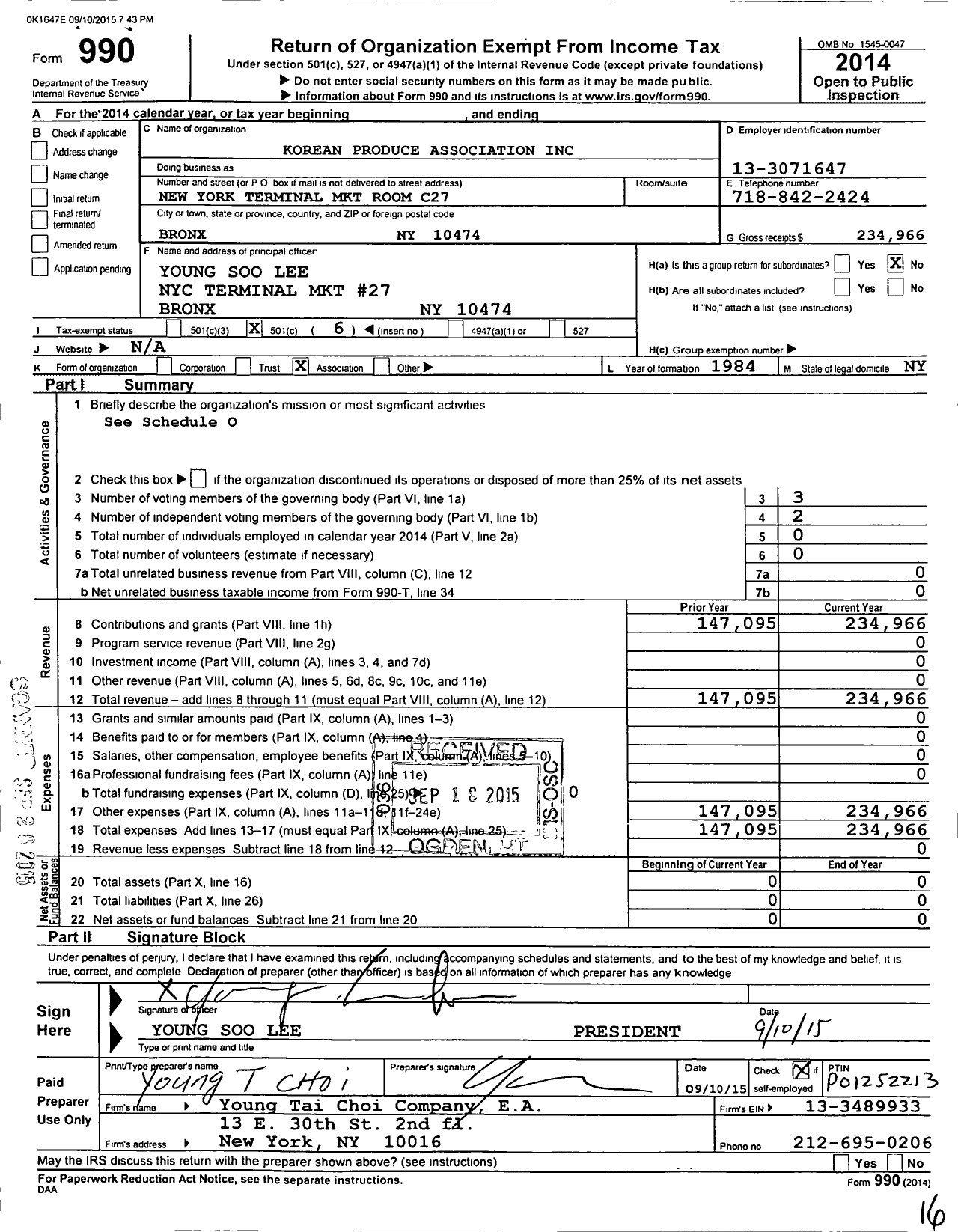 Image of first page of 2014 Form 990O for Korean Produce Association