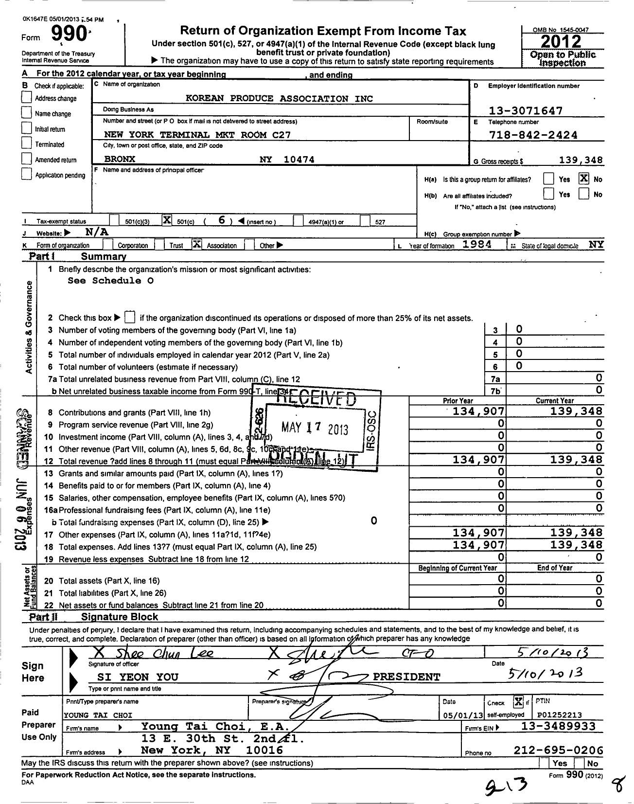 Image of first page of 2012 Form 990O for Korean Produce Association