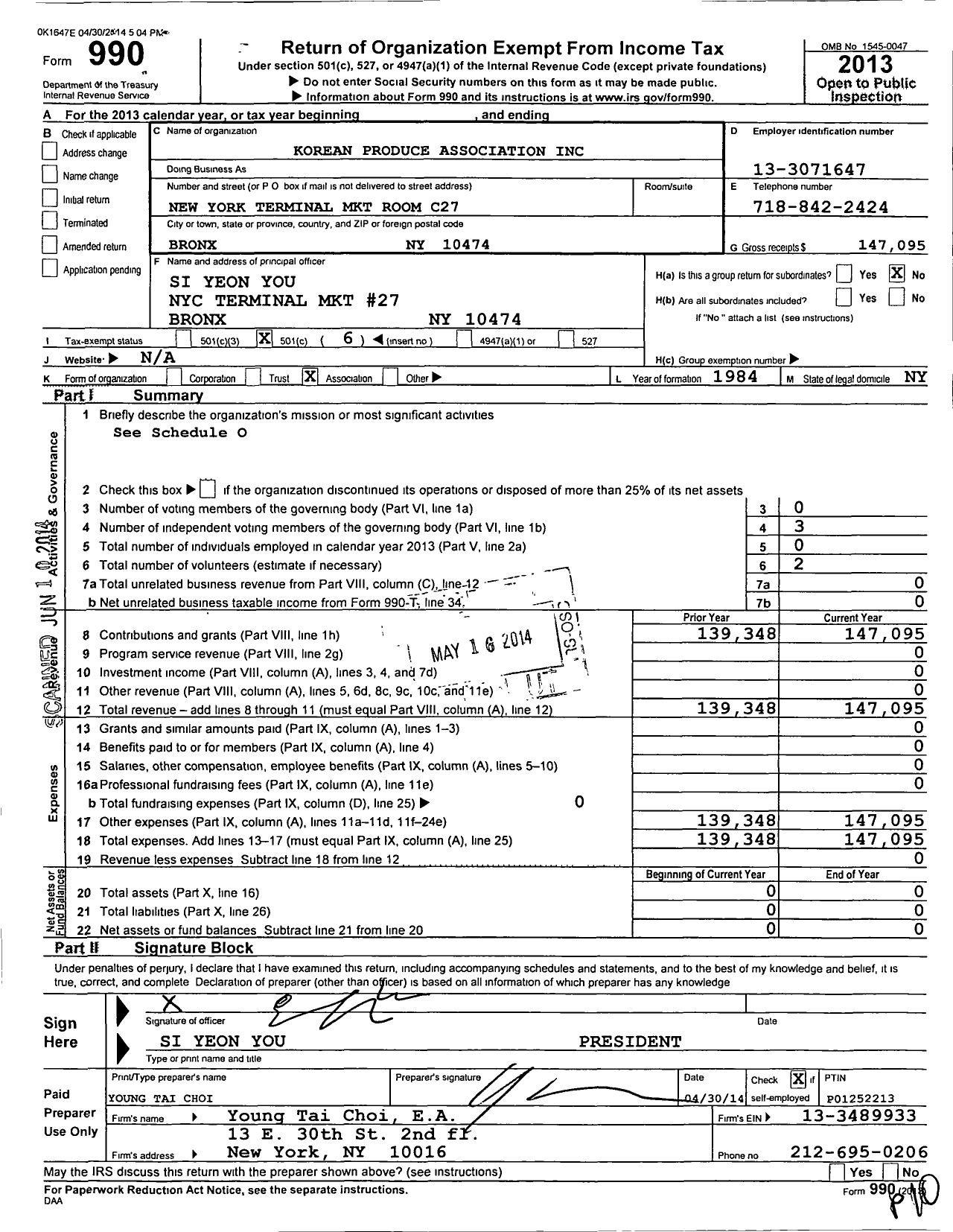 Image of first page of 2013 Form 990O for Korean Produce Association