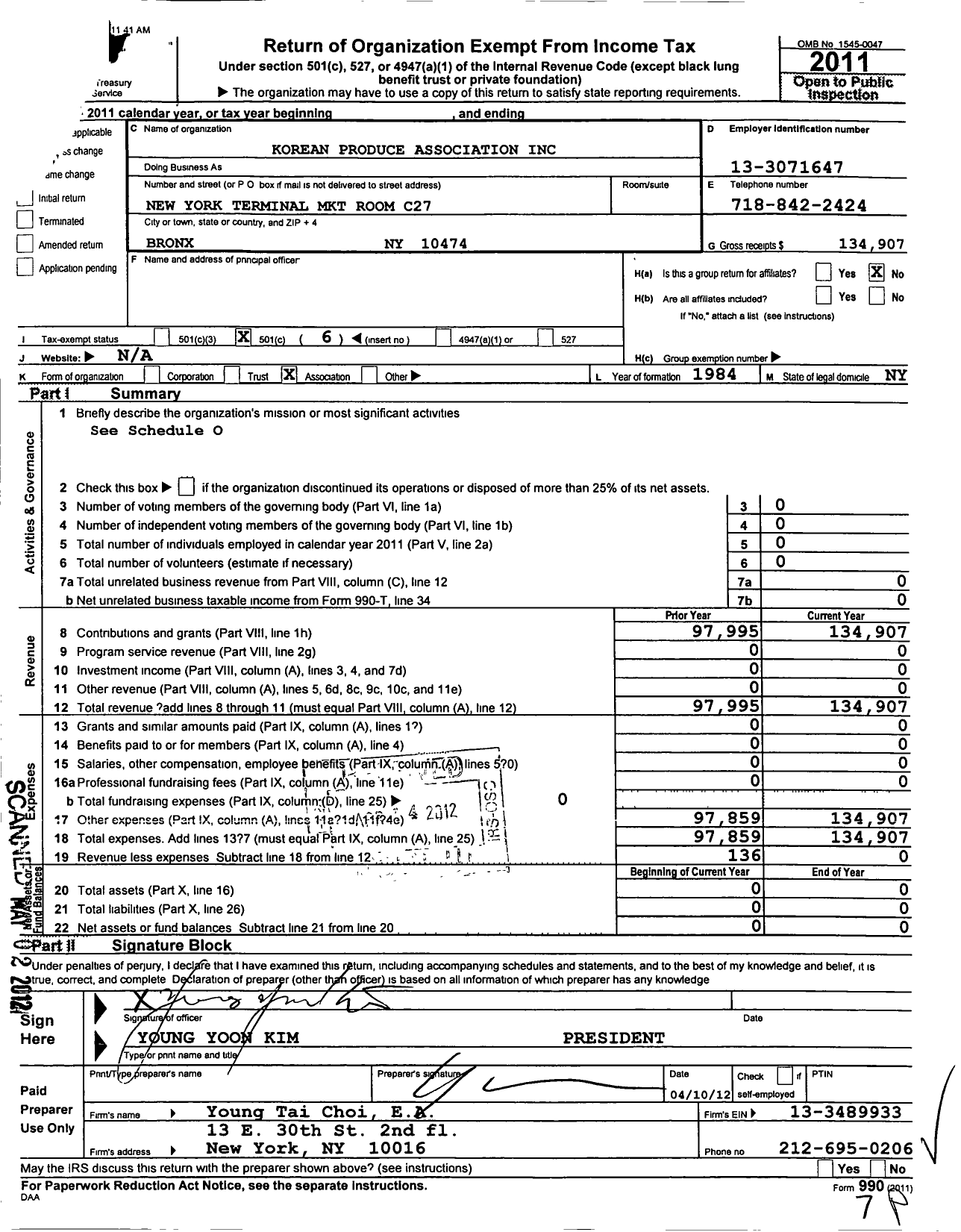 Image of first page of 2011 Form 990O for Korean Produce Association