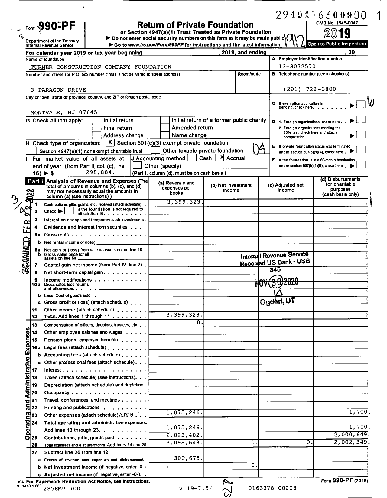 Image of first page of 2019 Form 990PF for Turner Construction Company Foundation