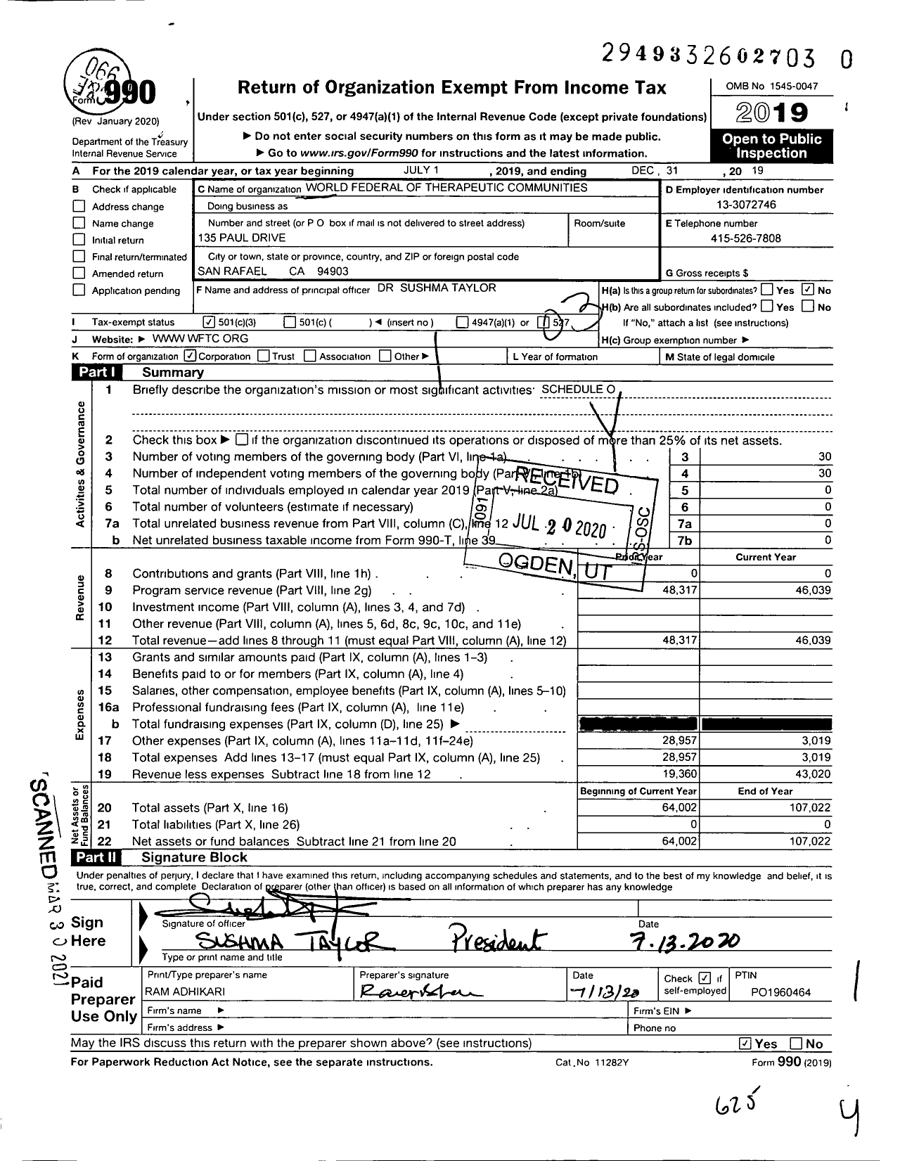 Image of first page of 2019 Form 990 for World Federation of Therapeutic Communities