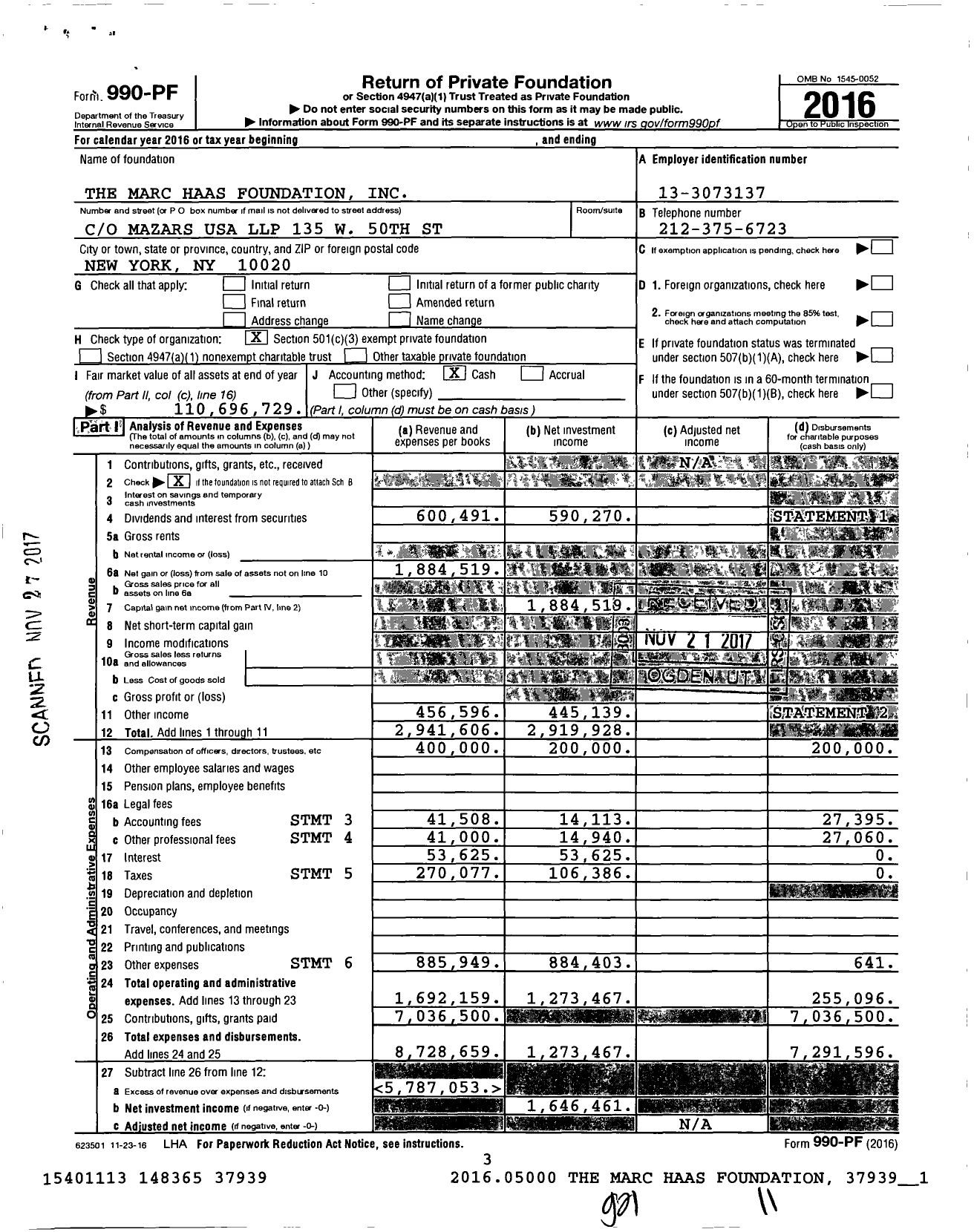 Image of first page of 2016 Form 990PF for The Marc Haas Foundation