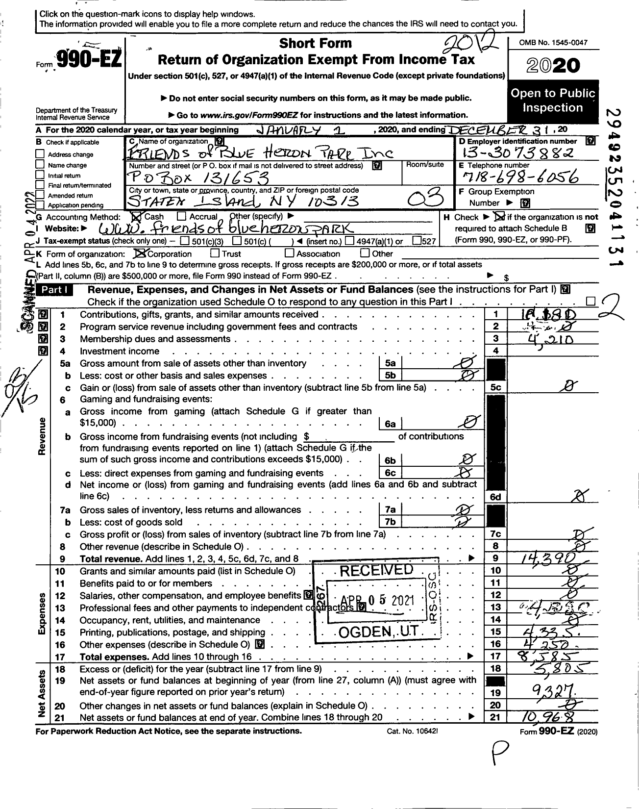 Image of first page of 2020 Form 990EZ for Friends of Blue Heron Park