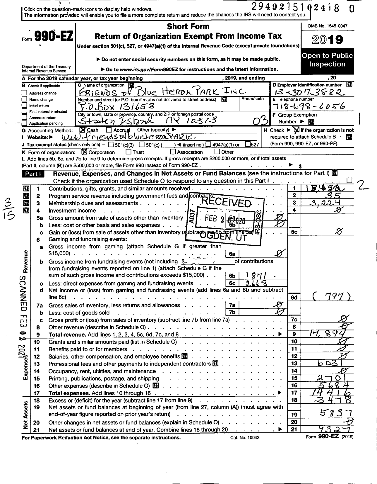 Image of first page of 2019 Form 990EZ for Friends of Blue Heron Park