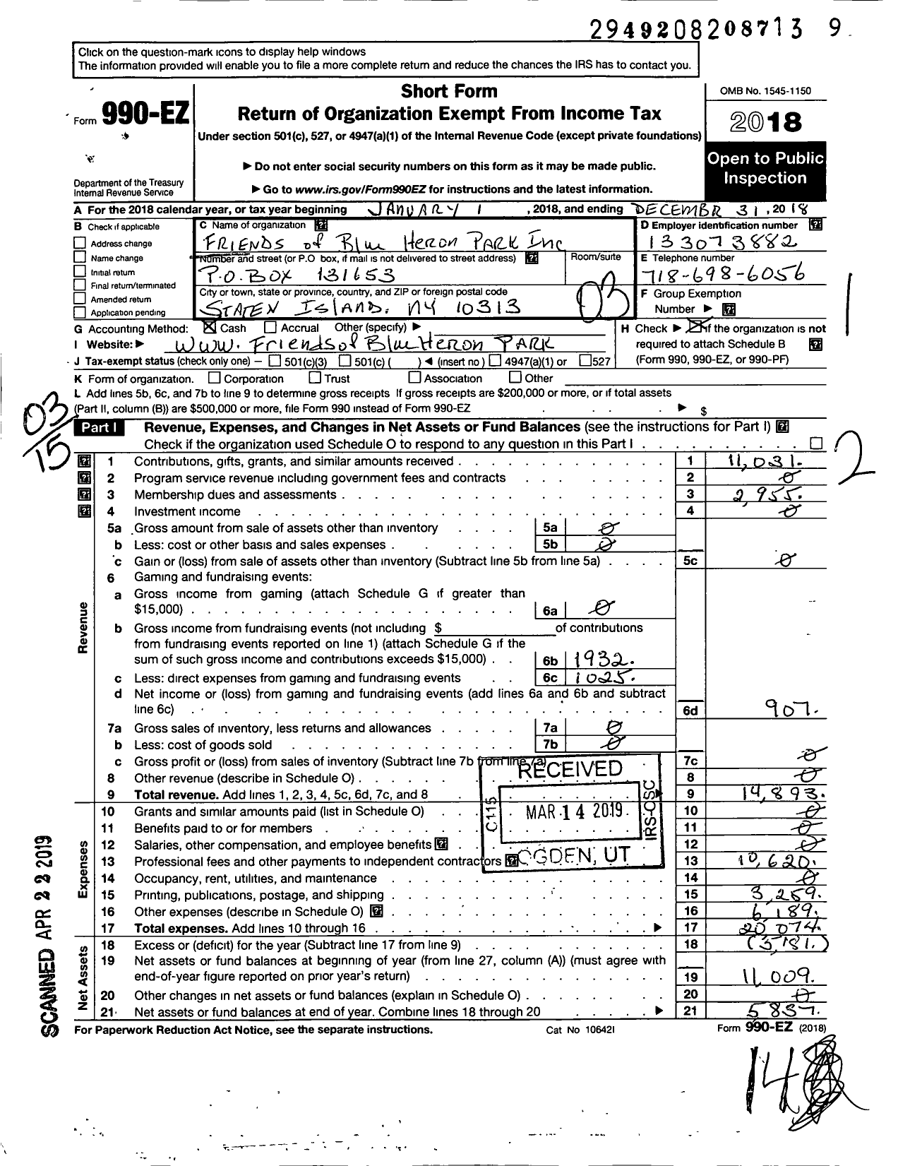 Image of first page of 2018 Form 990EZ for Friends of Blue Heron Park