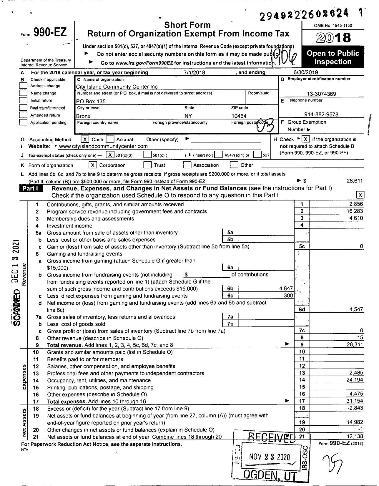 Image of first page of 2018 Form 990EZ for City Island Community Center