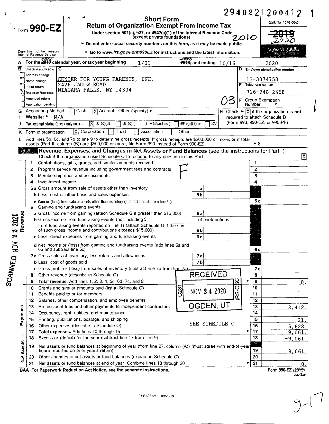 Image of first page of 2019 Form 990EZ for Center for Young Parents