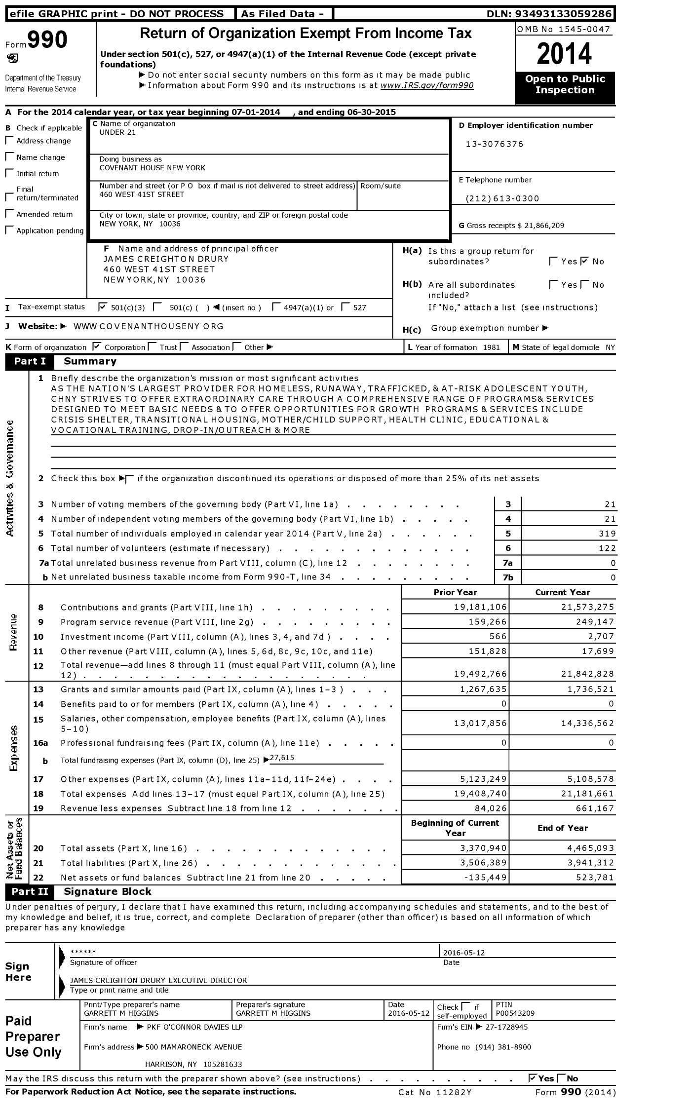 Image of first page of 2014 Form 990 for Covenant House New York (CHNY)