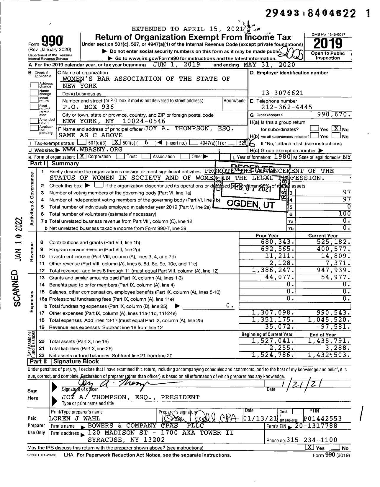 Image of first page of 2019 Form 990O for Women's Bar Association of the State of New York (WBASNY)