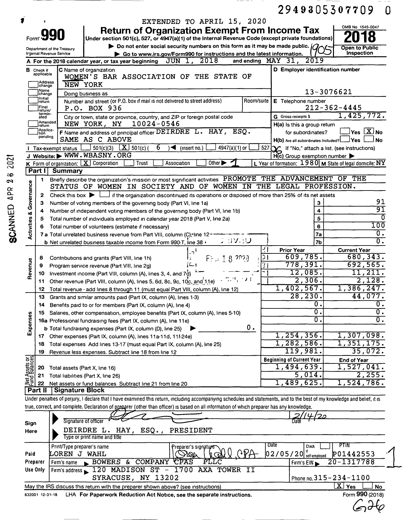 Image of first page of 2018 Form 990O for Women's Bar Association of the State of New York (WBASNY)