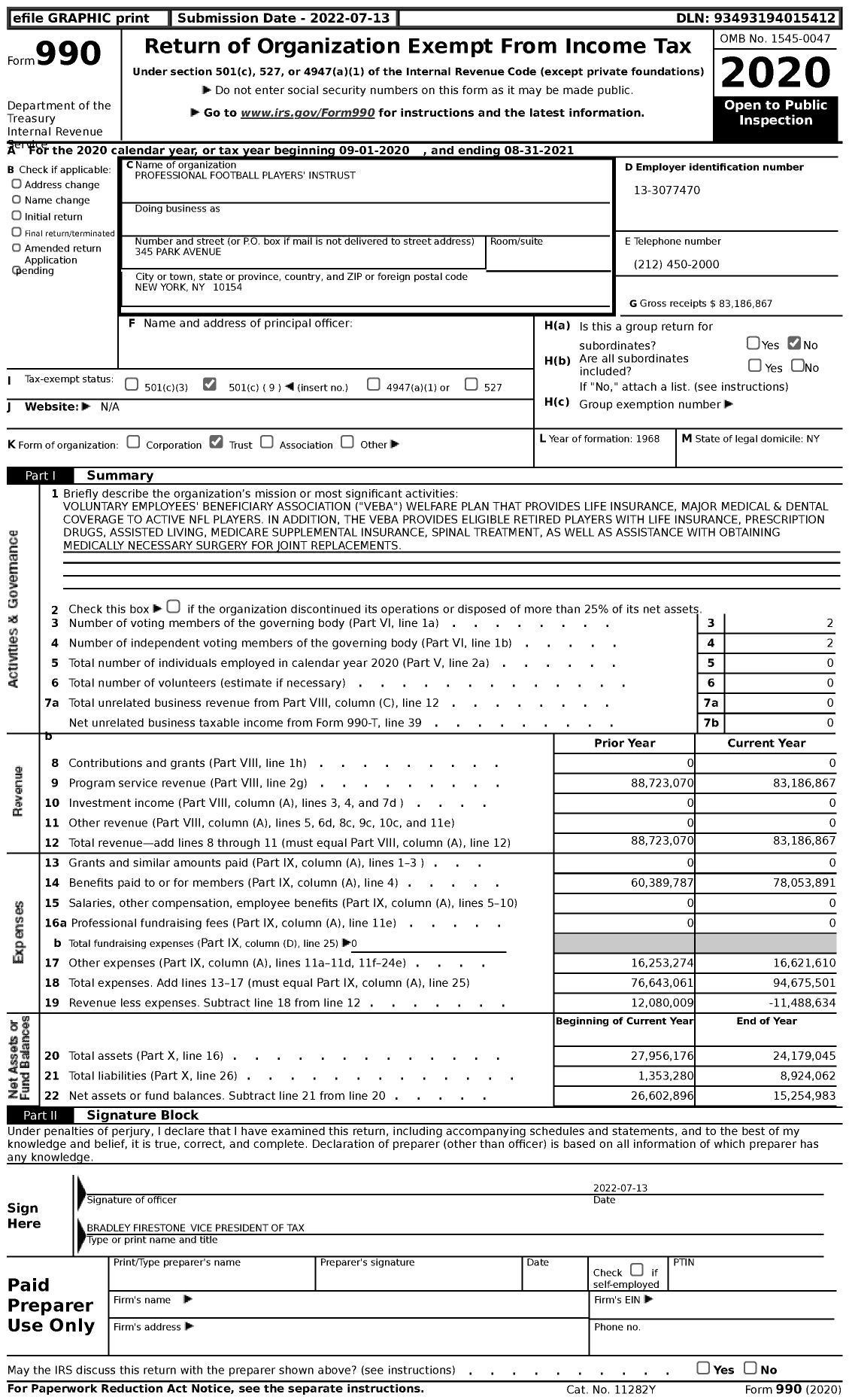 Image of first page of 2020 Form 990 for Professional Football Players Insurance Trust