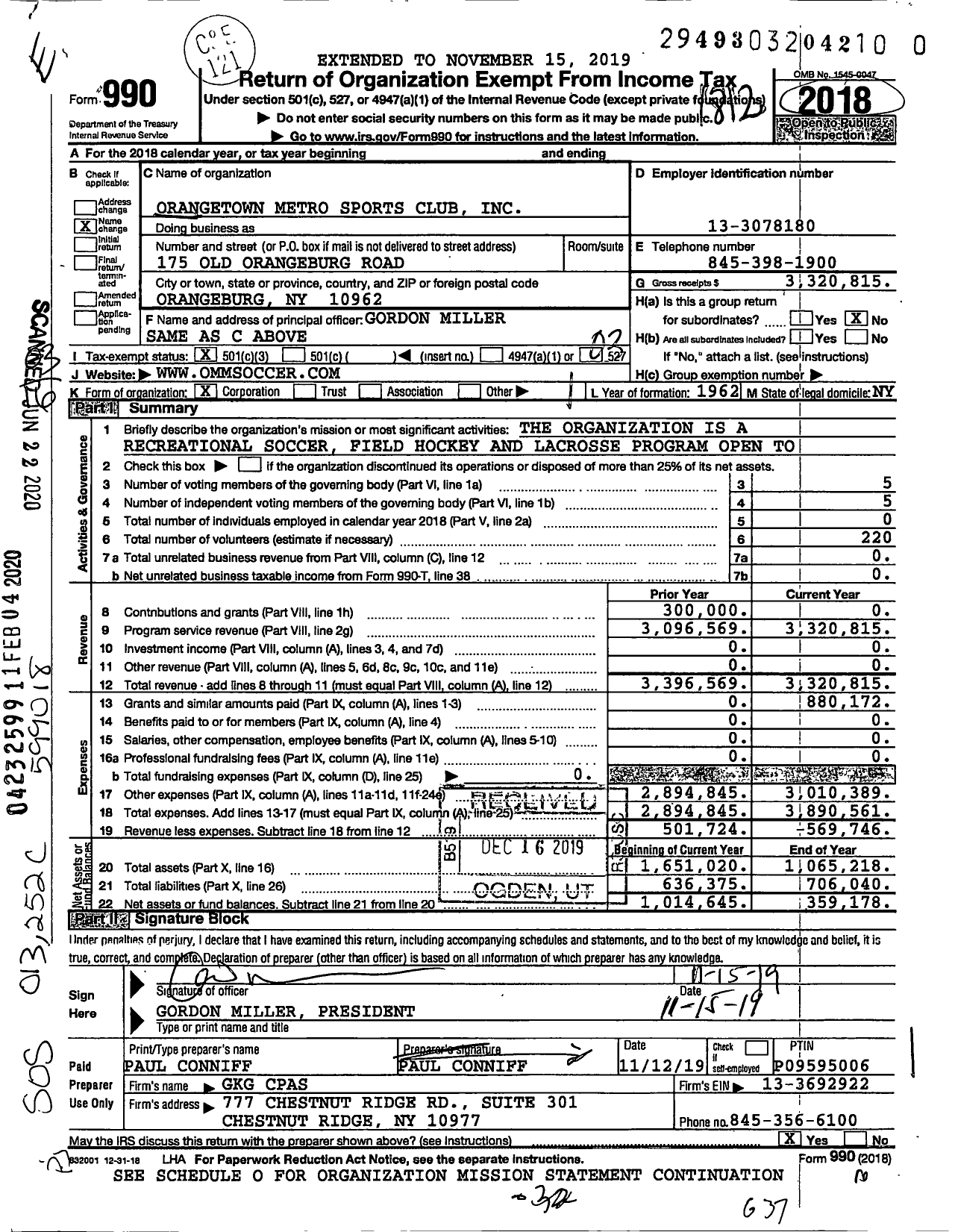 Image of first page of 2018 Form 990 for Orangetown Metro Sports Club
