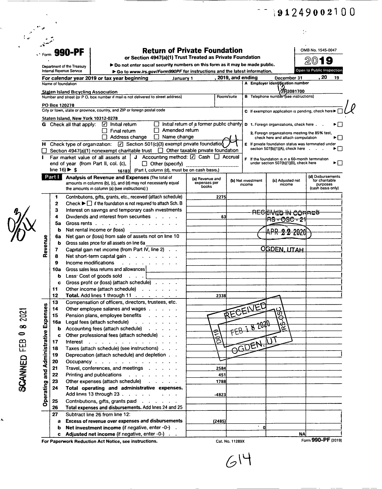 Image of first page of 2019 Form 990PF for Staten Island Bicycling Association