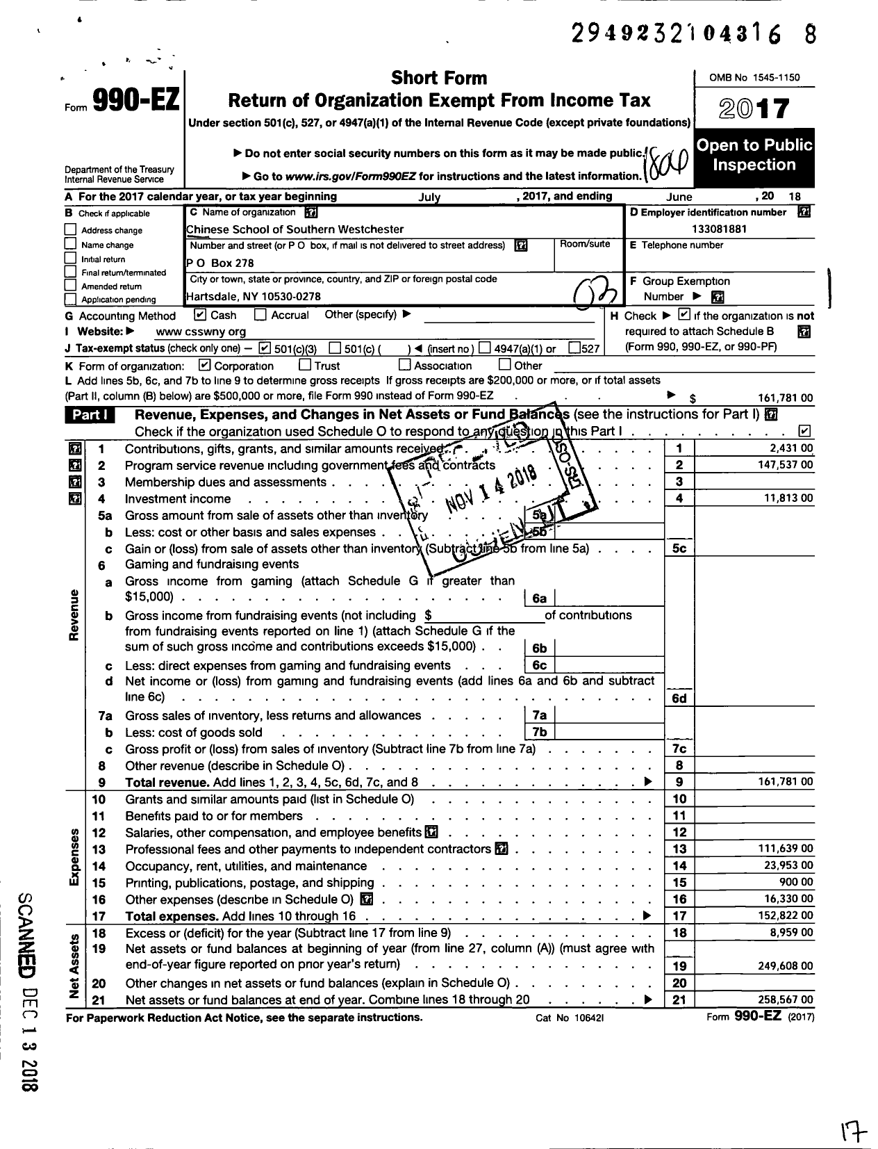 Image of first page of 2017 Form 990EZ for Chinese School of Southern Westchester