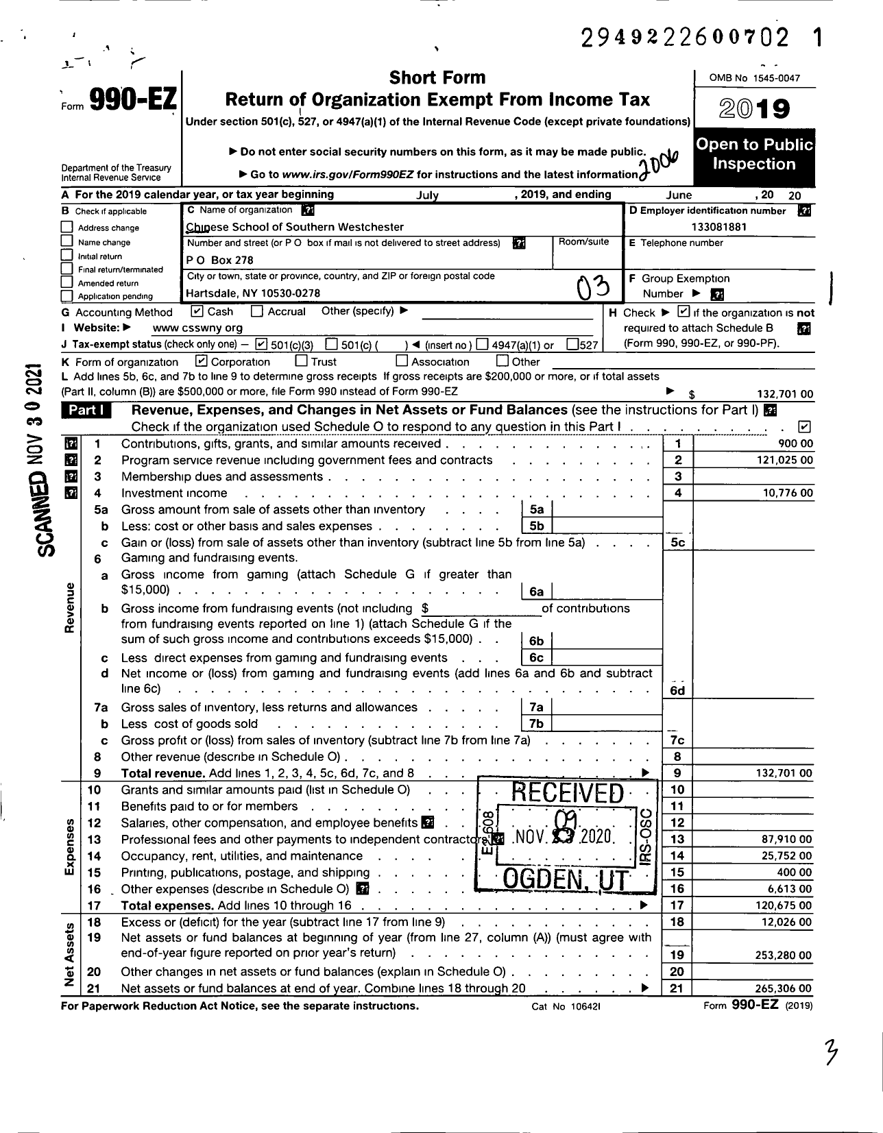 Image of first page of 2019 Form 990EZ for Chinese School of Southern Westchester