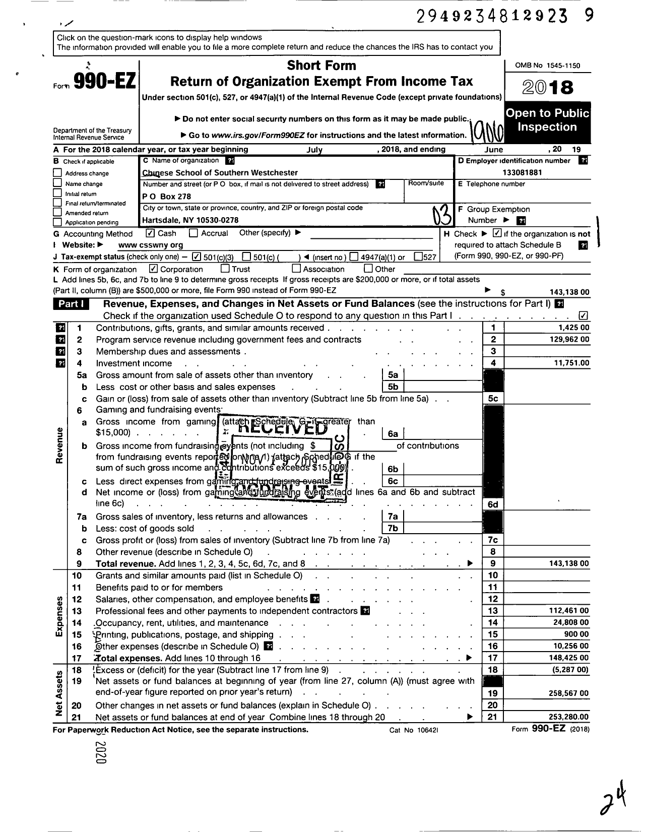 Image of first page of 2018 Form 990EZ for Chinese School of Southern Westchester