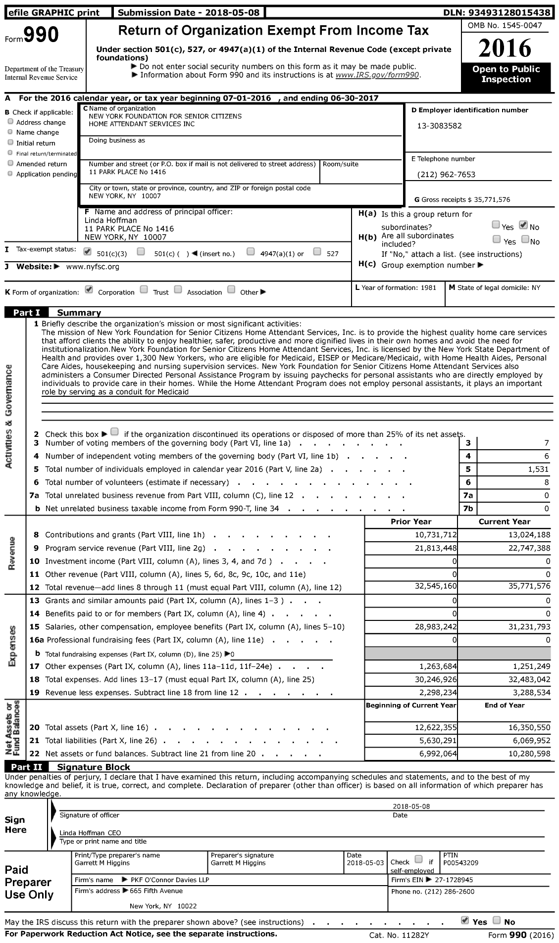 Image of first page of 2016 Form 990 for New York Foundation for Senior Citizens Home Attendant Services