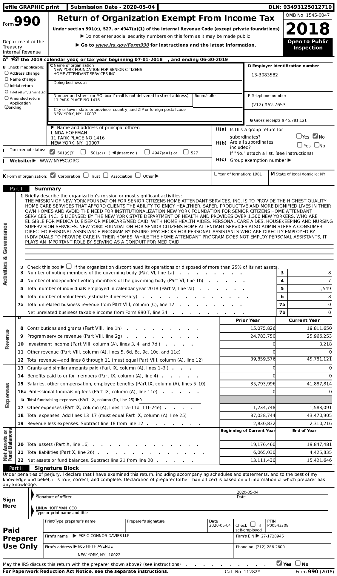 Image of first page of 2018 Form 990 for New York Foundation for Senior Citizens Home Attendant Services
