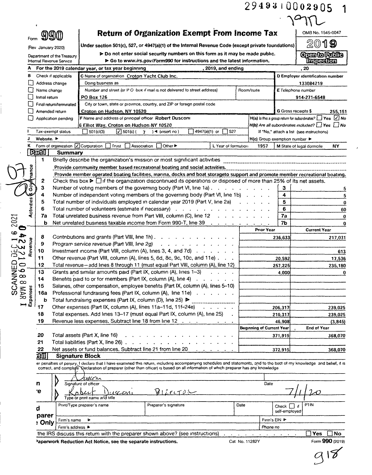 Image of first page of 2019 Form 990O for Croton Yacht Club