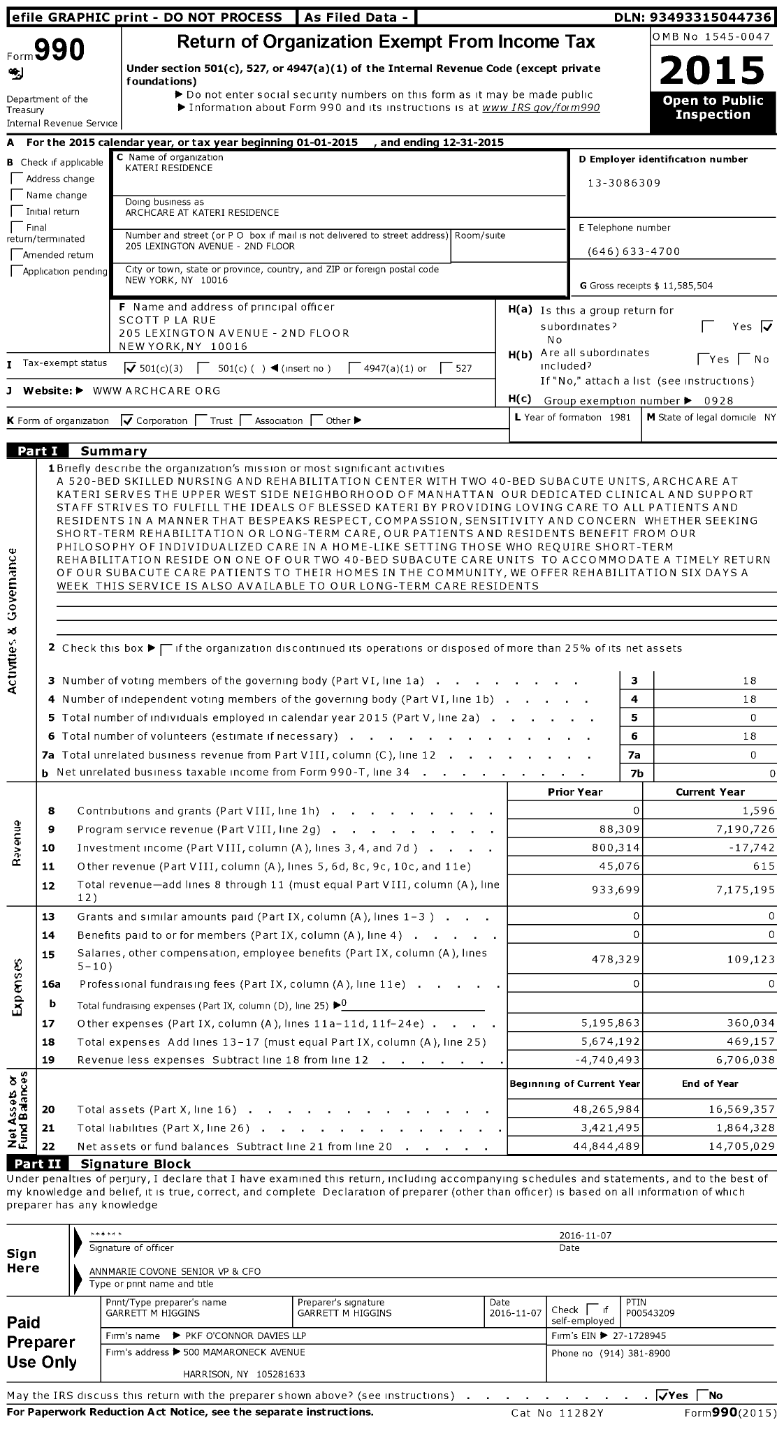 Image of first page of 2015 Form 990 for Archcare at Kateri Residence