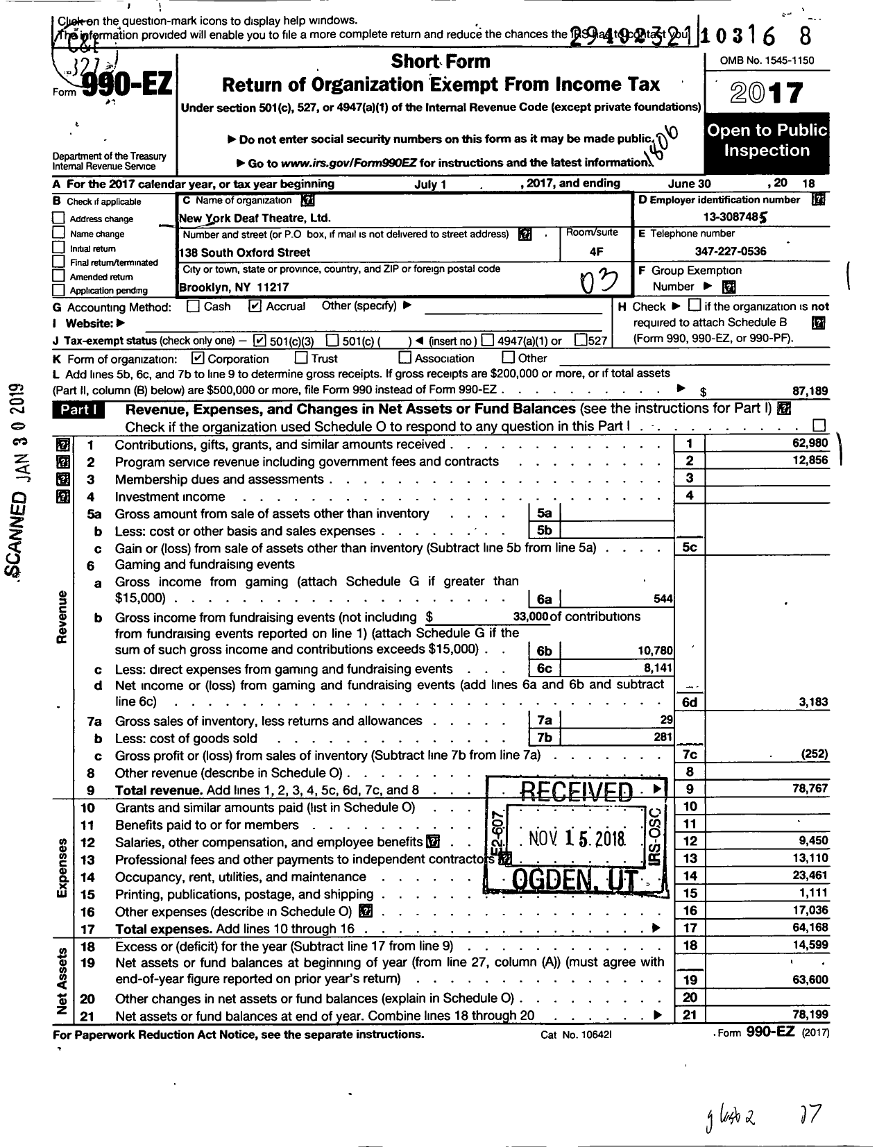 Image of first page of 2017 Form 990EZ for New York Deaf Theatre