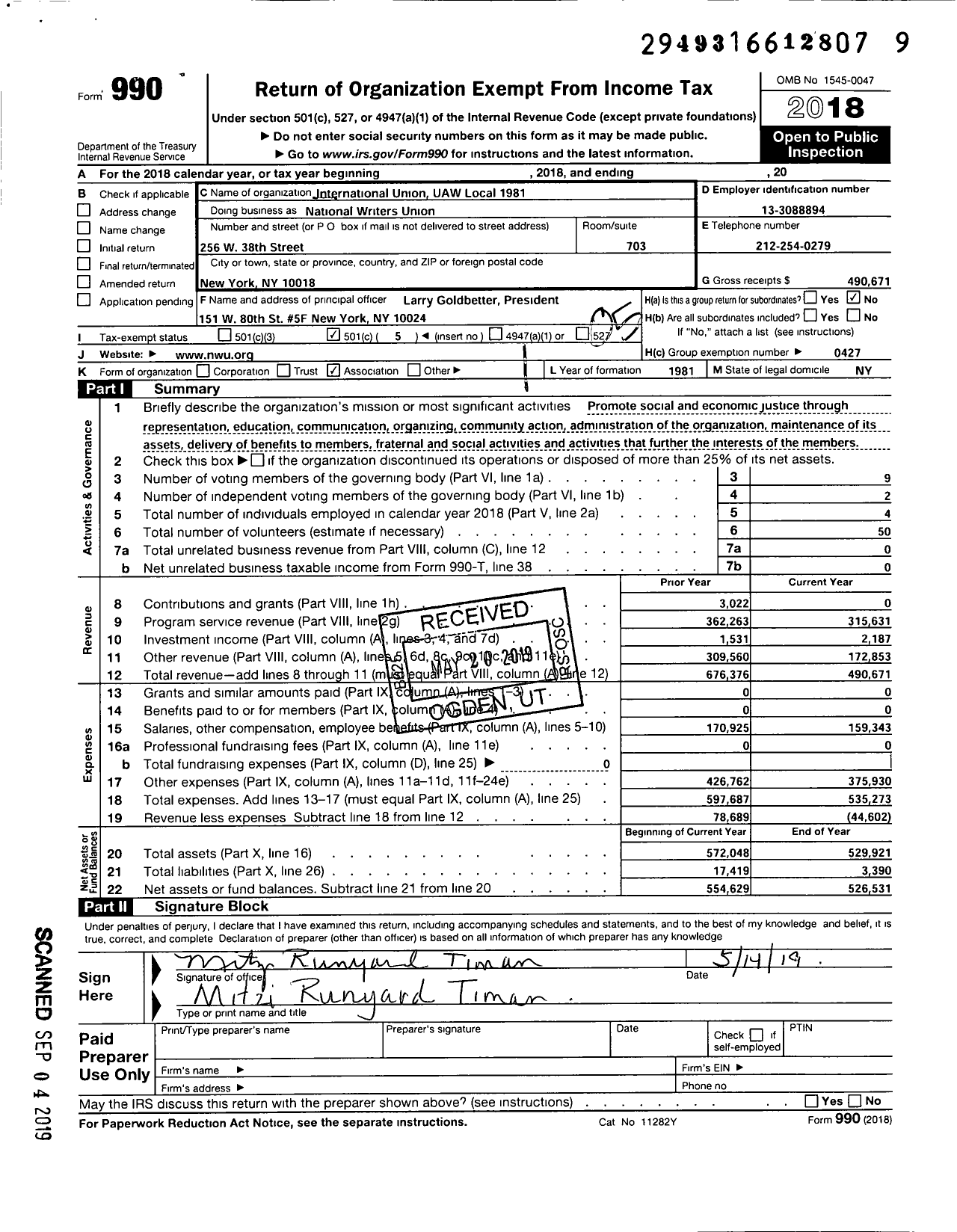 Image of first page of 2018 Form 990O for Uaw - National Writers Union