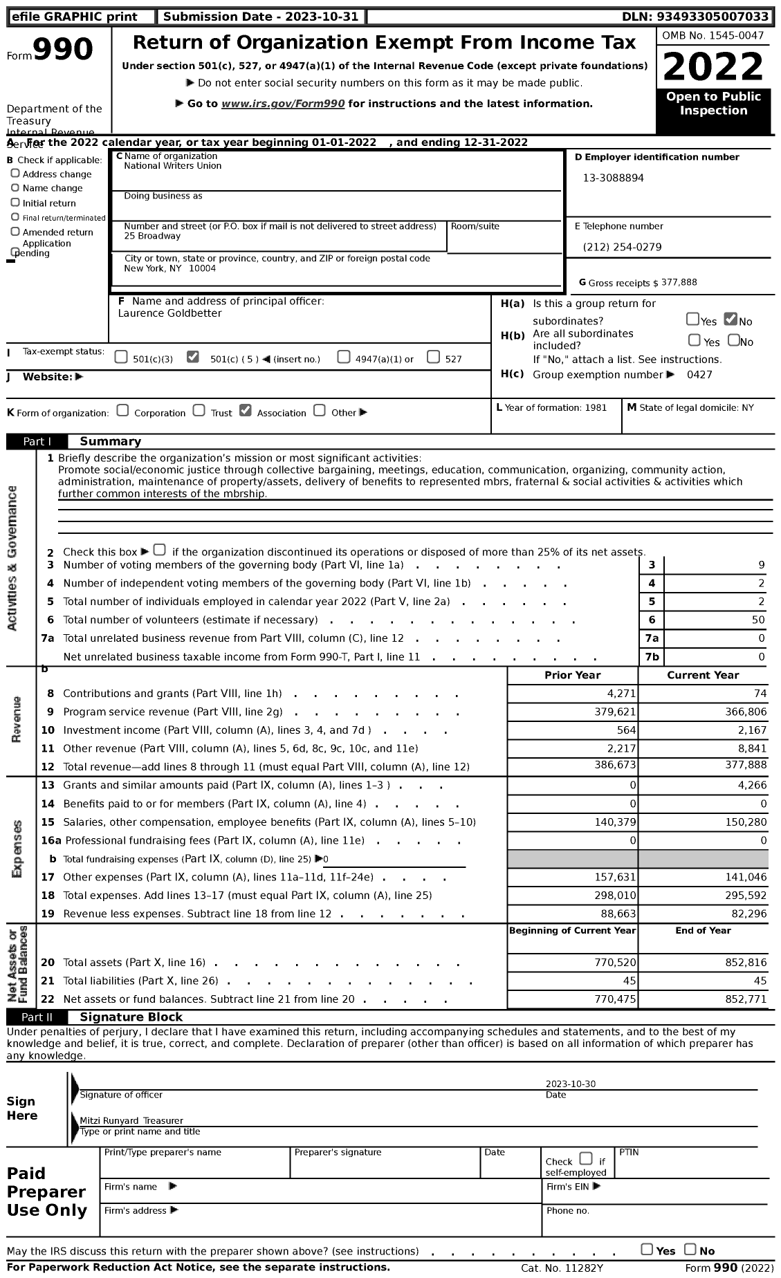 Image of first page of 2022 Form 990 for Uaw - National Writers Union