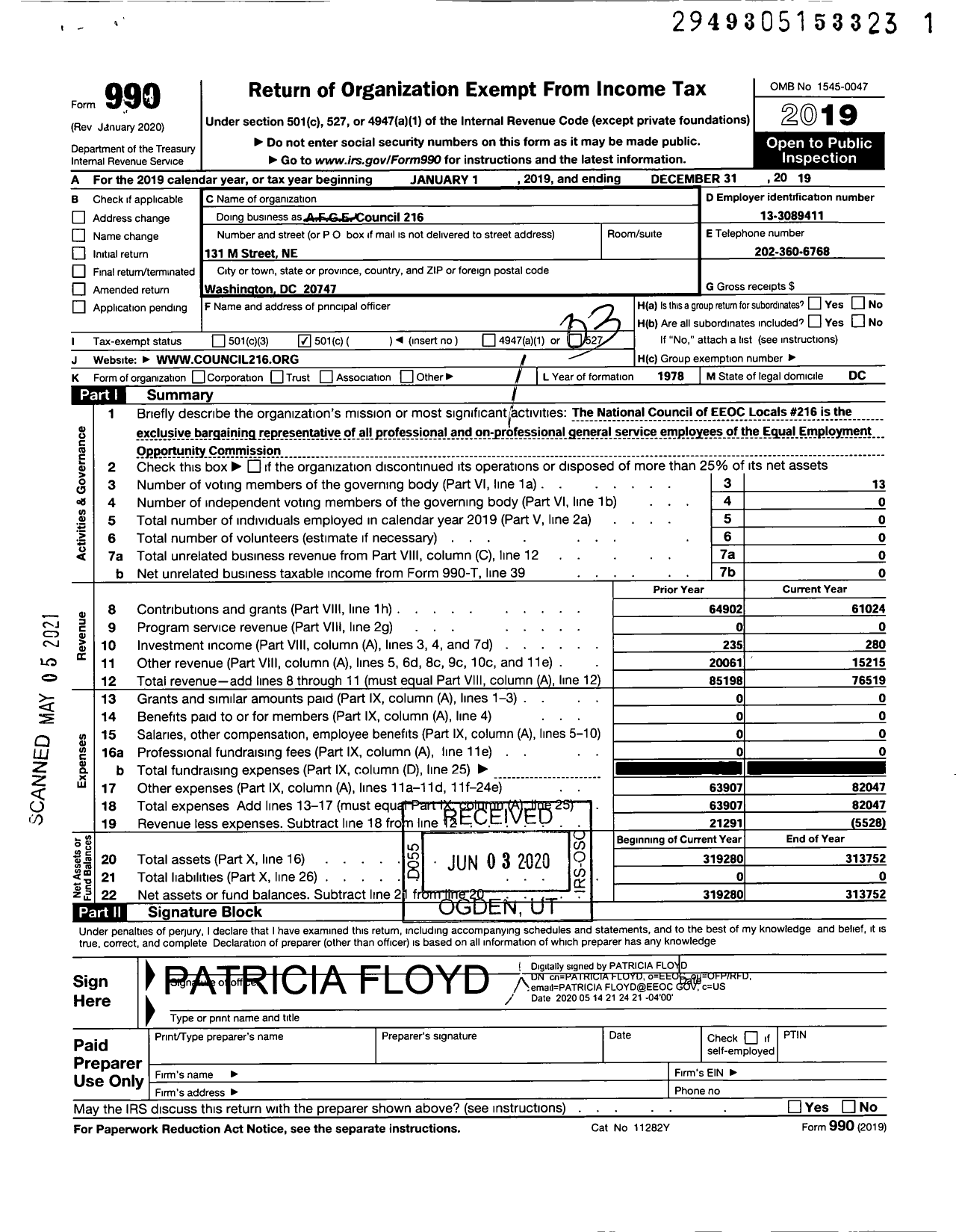 Image of first page of 2019 Form 990 for American Federation of Government Employees - AFGE Council 216