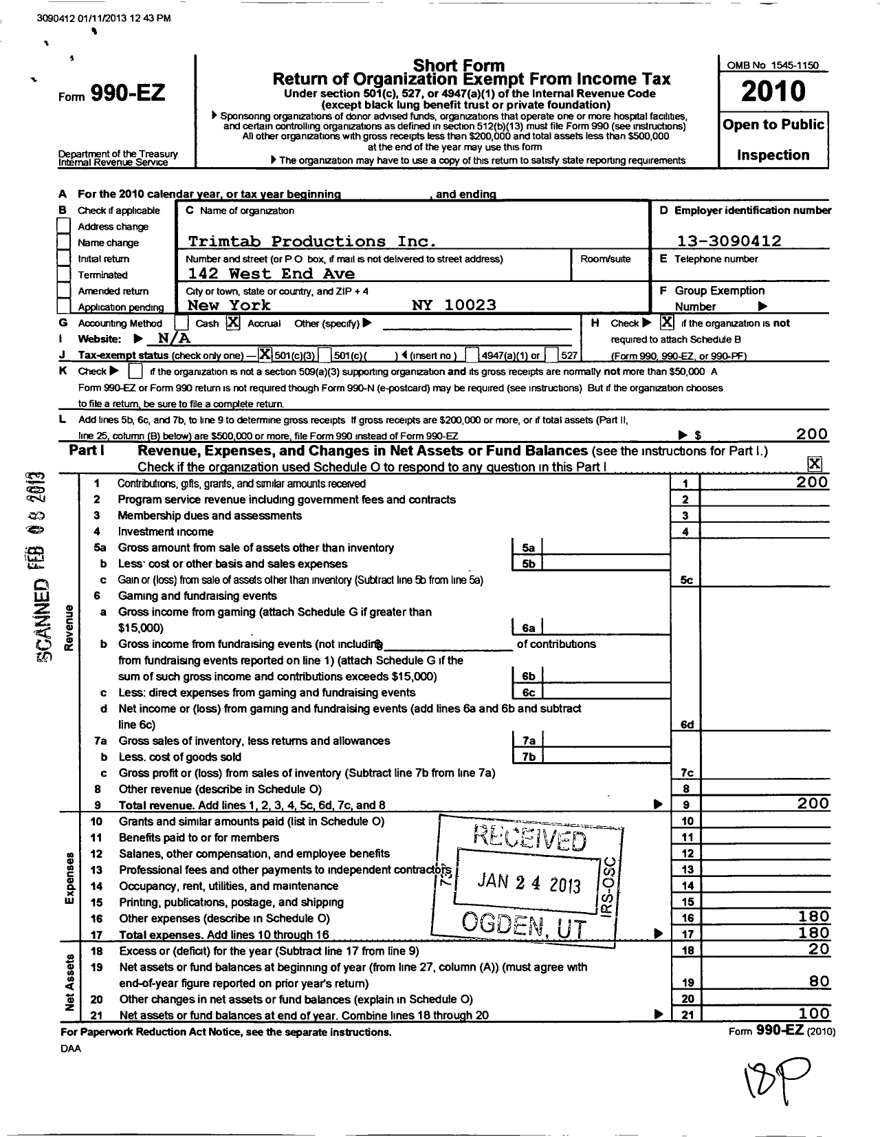 Image of first page of 2010 Form 990EZ for Trimtab Productions