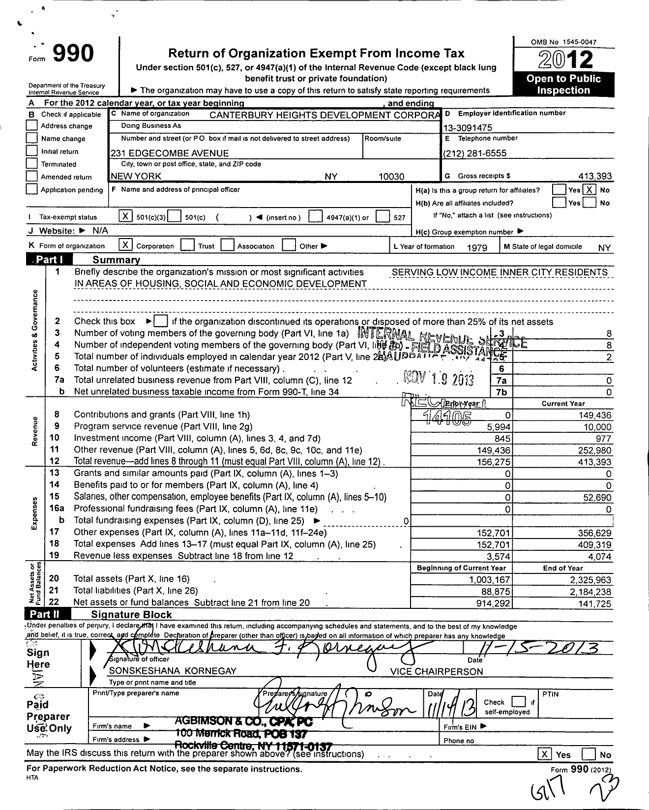 Image of first page of 2012 Form 990 for Canterbury Heights Development Corporation