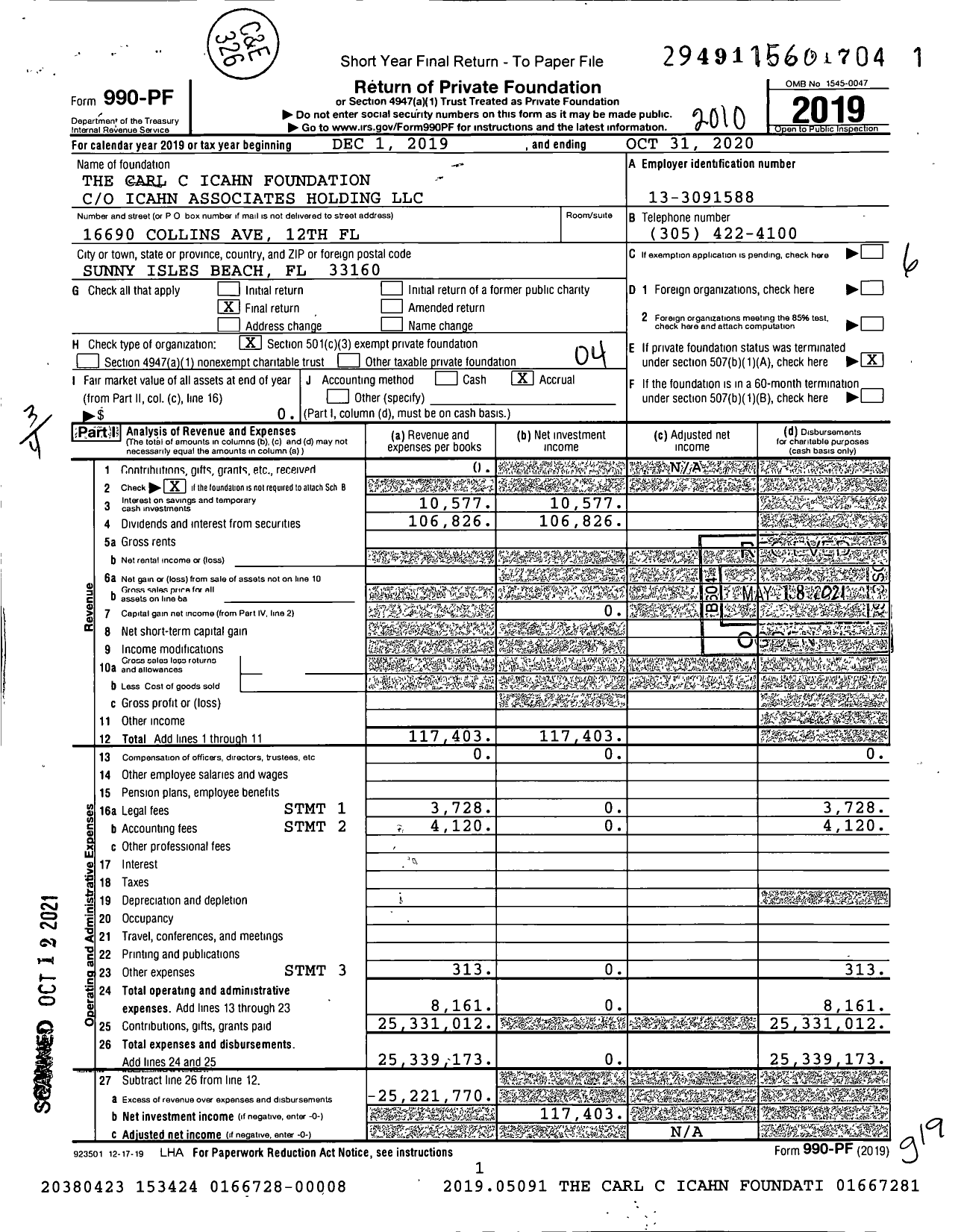 Image of first page of 2019 Form 990PF for The Carl C Icahn Foundation