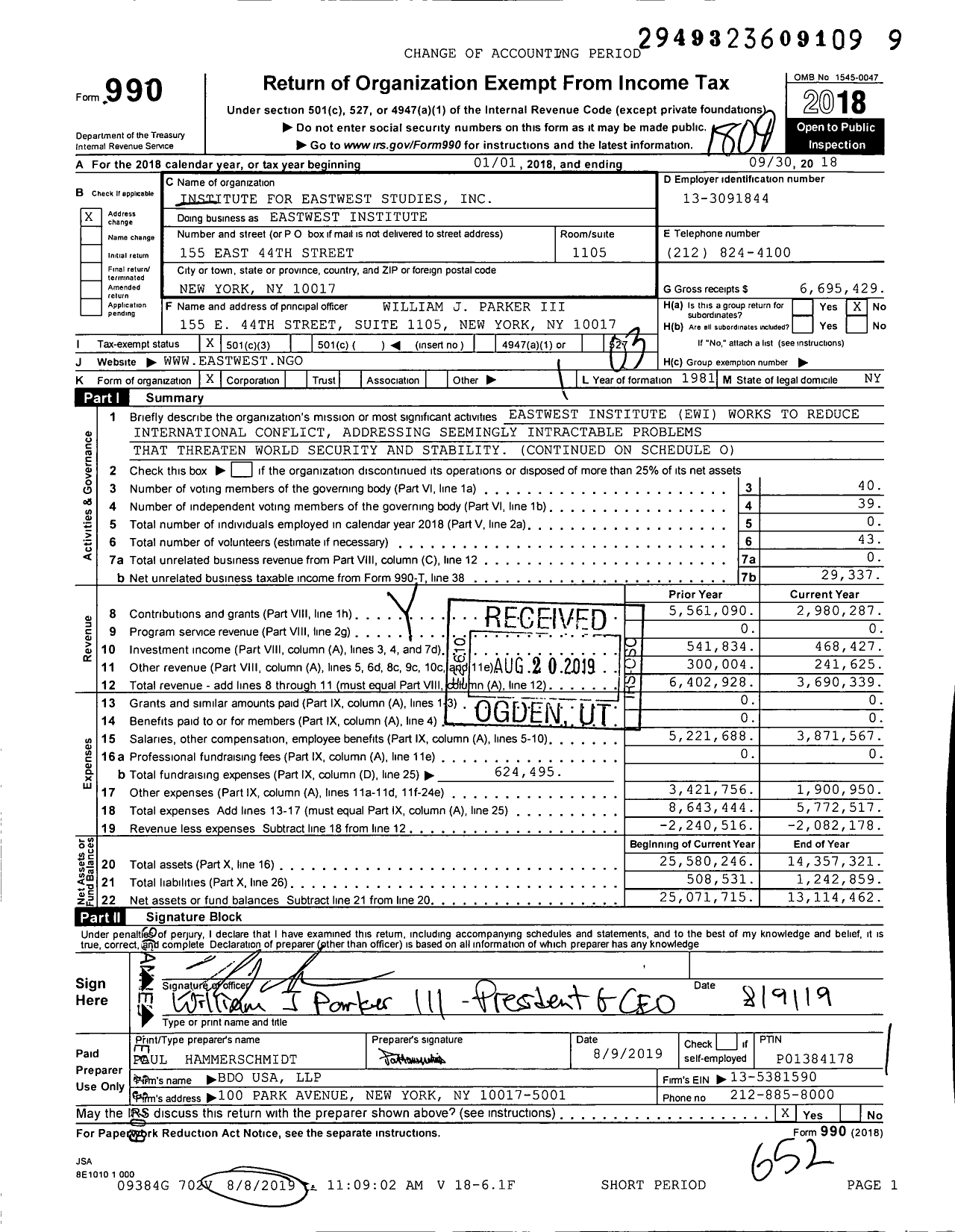 Image of first page of 2017 Form 990 for Eastwest Institute