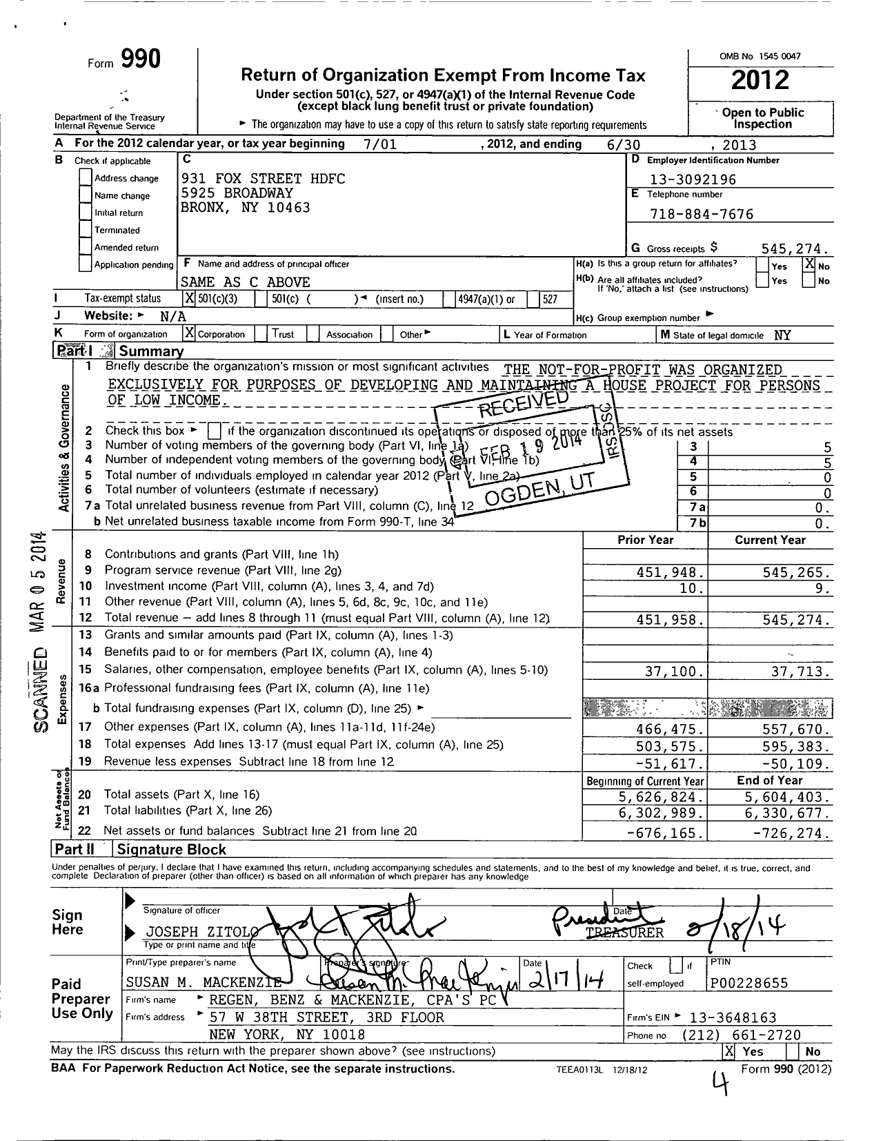 Image of first page of 2012 Form 990 for 931 Fox Street Housing Development Fund Corporation