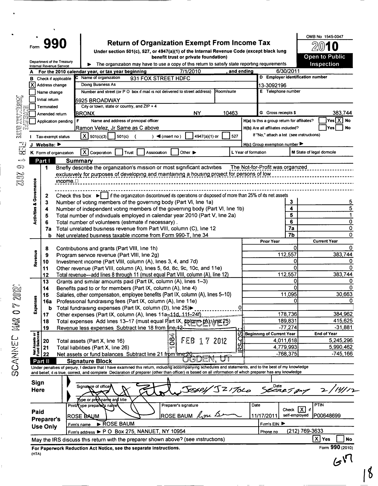 Image of first page of 2010 Form 990 for 931 Fox Street Housing Development Fund Corporation