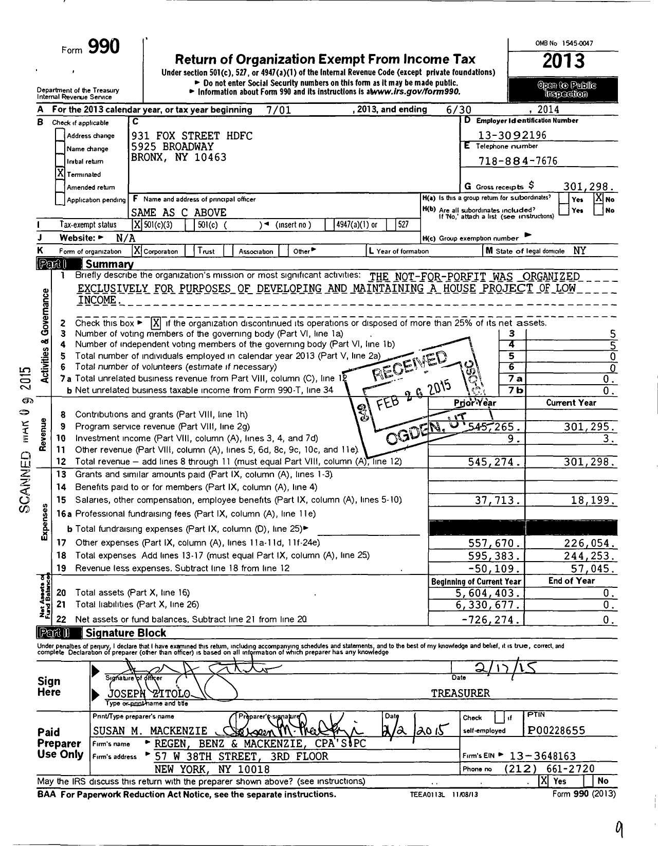 Image of first page of 2013 Form 990 for 931 Fox Street Housing Development Fund Corporation